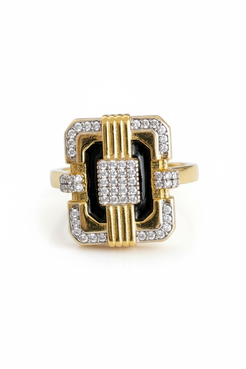 Altın Ve Siyah Renk Taş Detaylı 14K Altın Kaplama Ayarlanabilir Yüzük