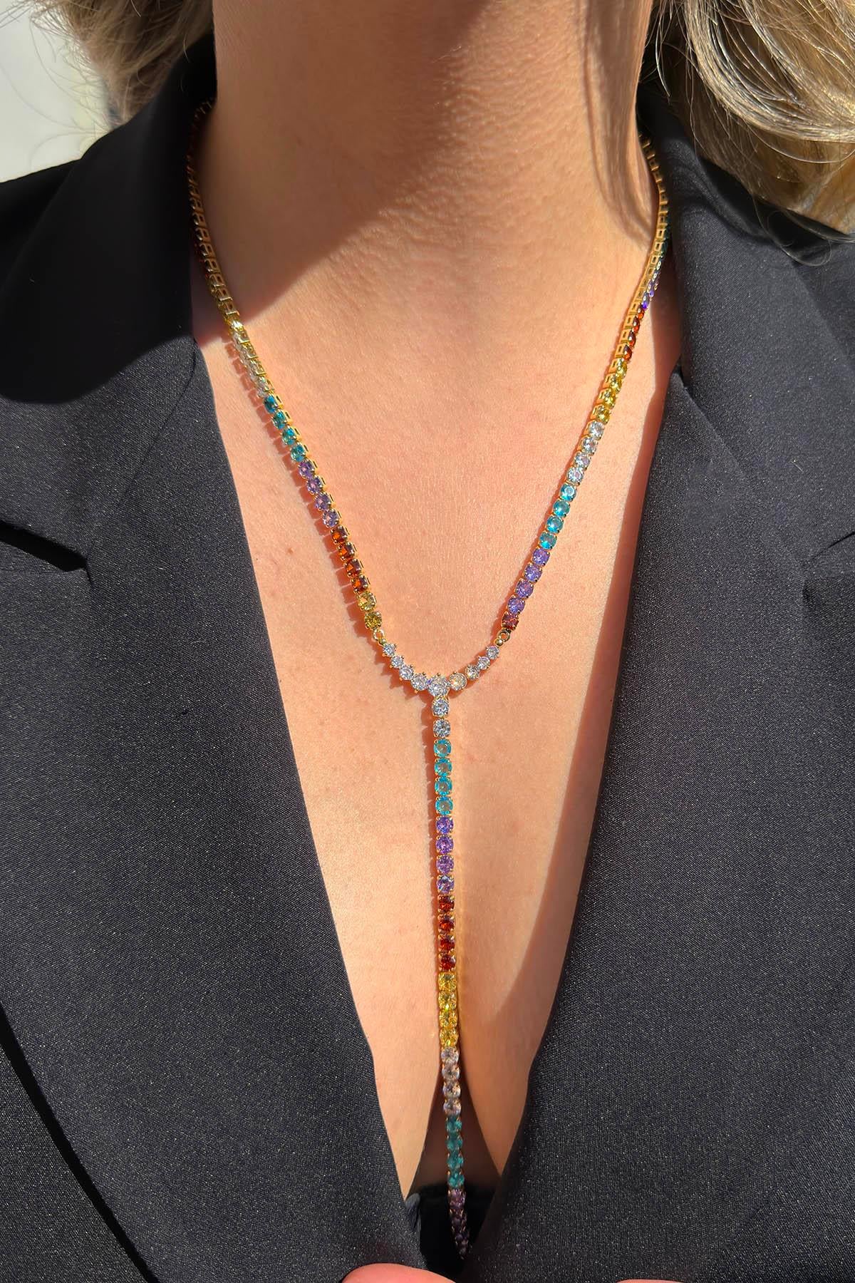 Altın Renk Renkli Taş Detaylı 14K Altın Kaplama Kolye