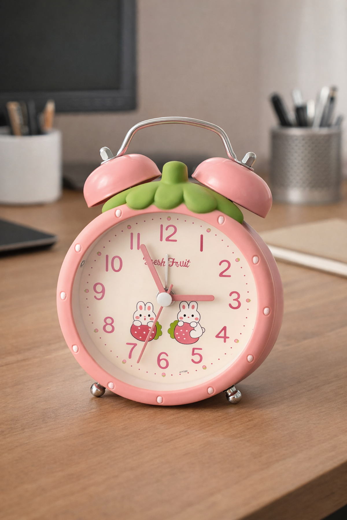 Pembe Renk Mini Dekoratif Işıklı Alarmlı Yuvarlak Masa Saati