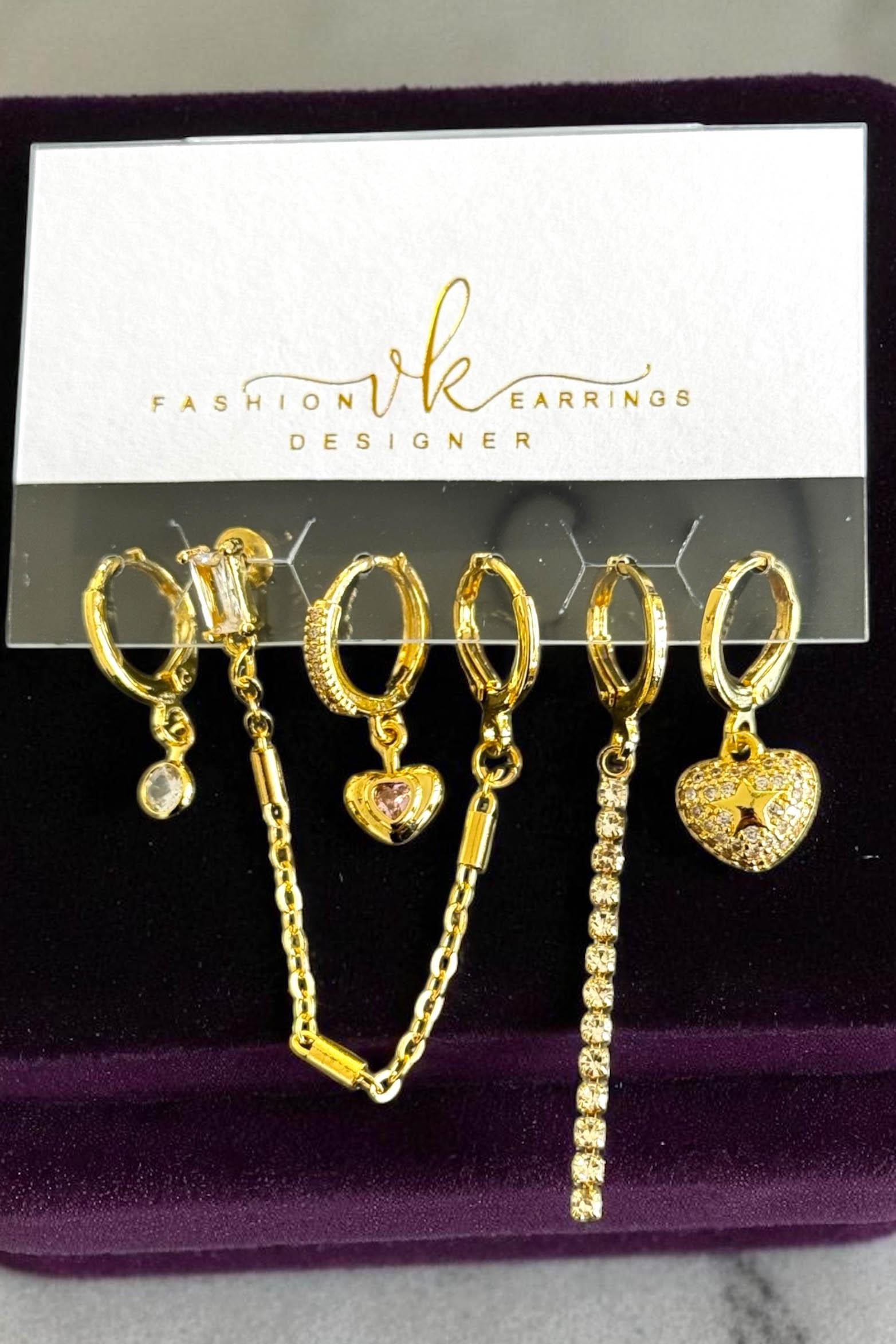 6'lı Altın Renk Taş Detaylı Küpe Set