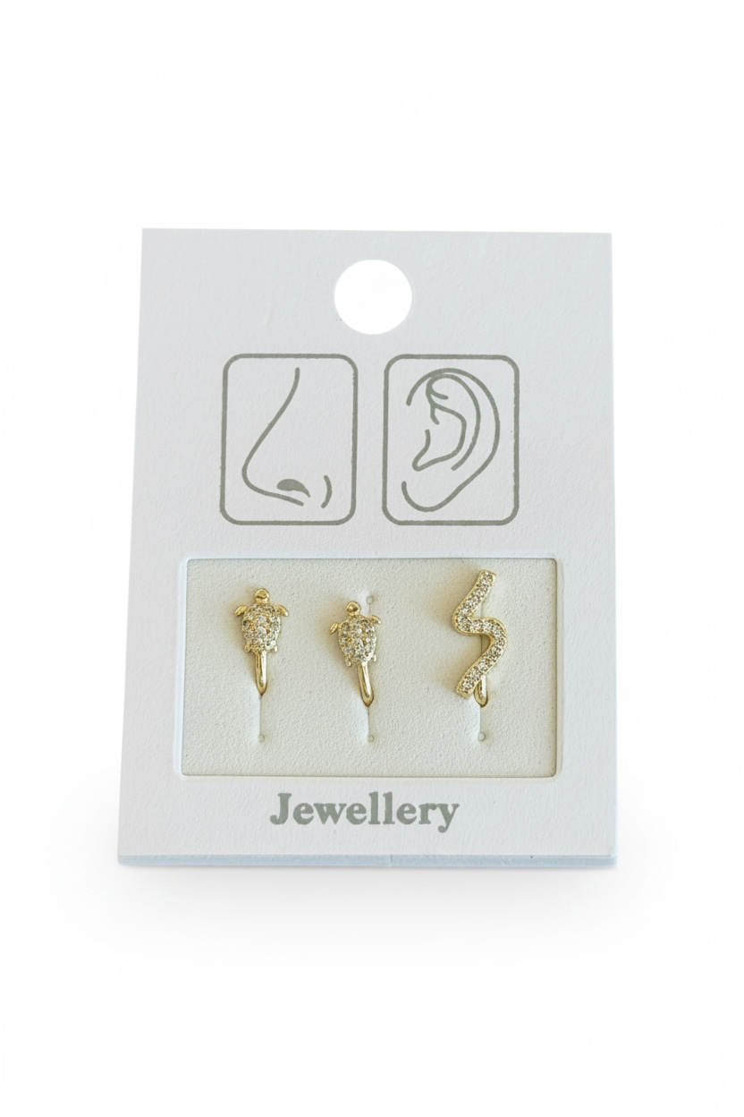 Altın Renk  Karışık Figürlü Deliksiz Kulak/Burun 3'lü Piercing Set