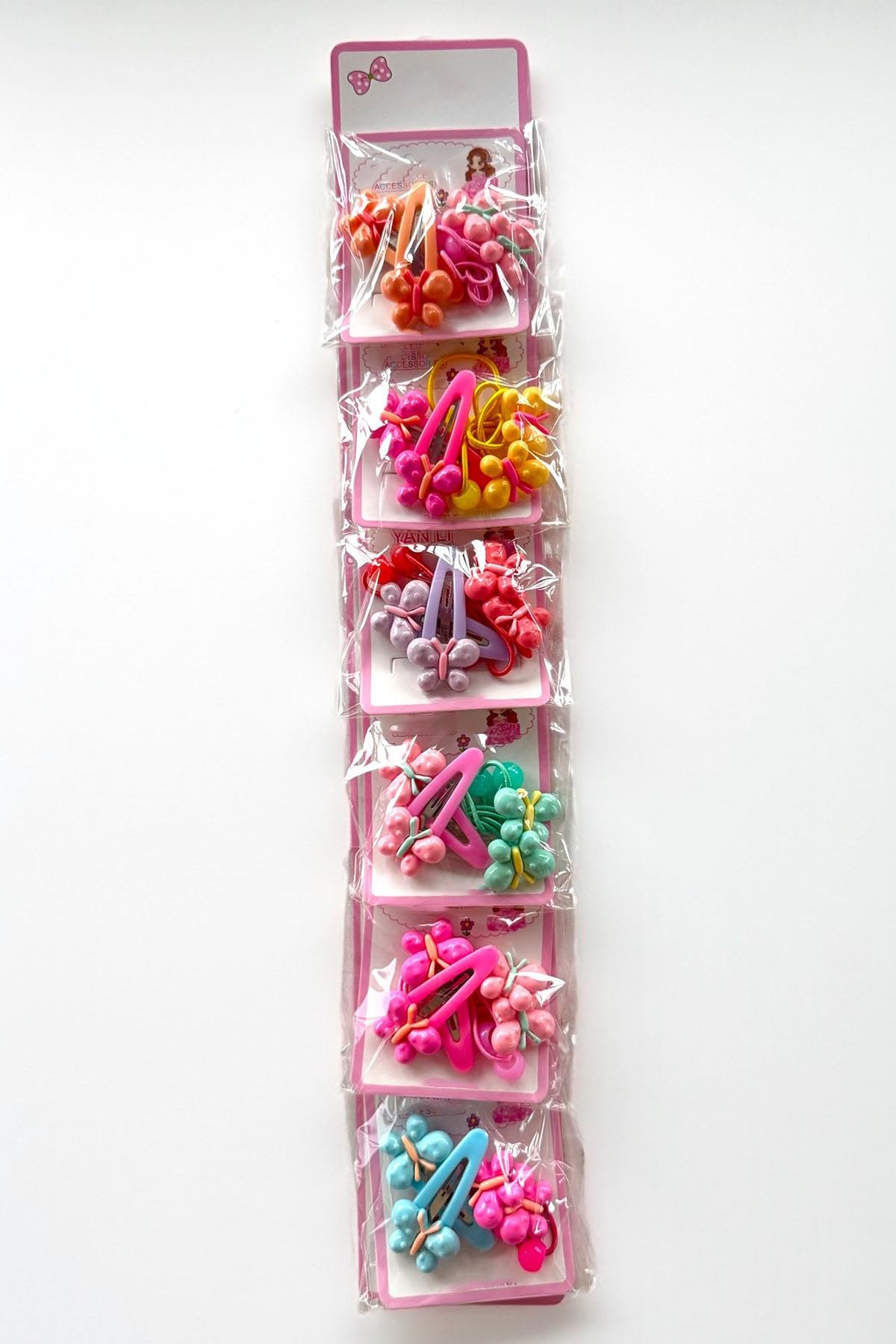 6'lı Karışık Renk Kelebek Figürlü Lastik Toka Ve Yan Toka Set 