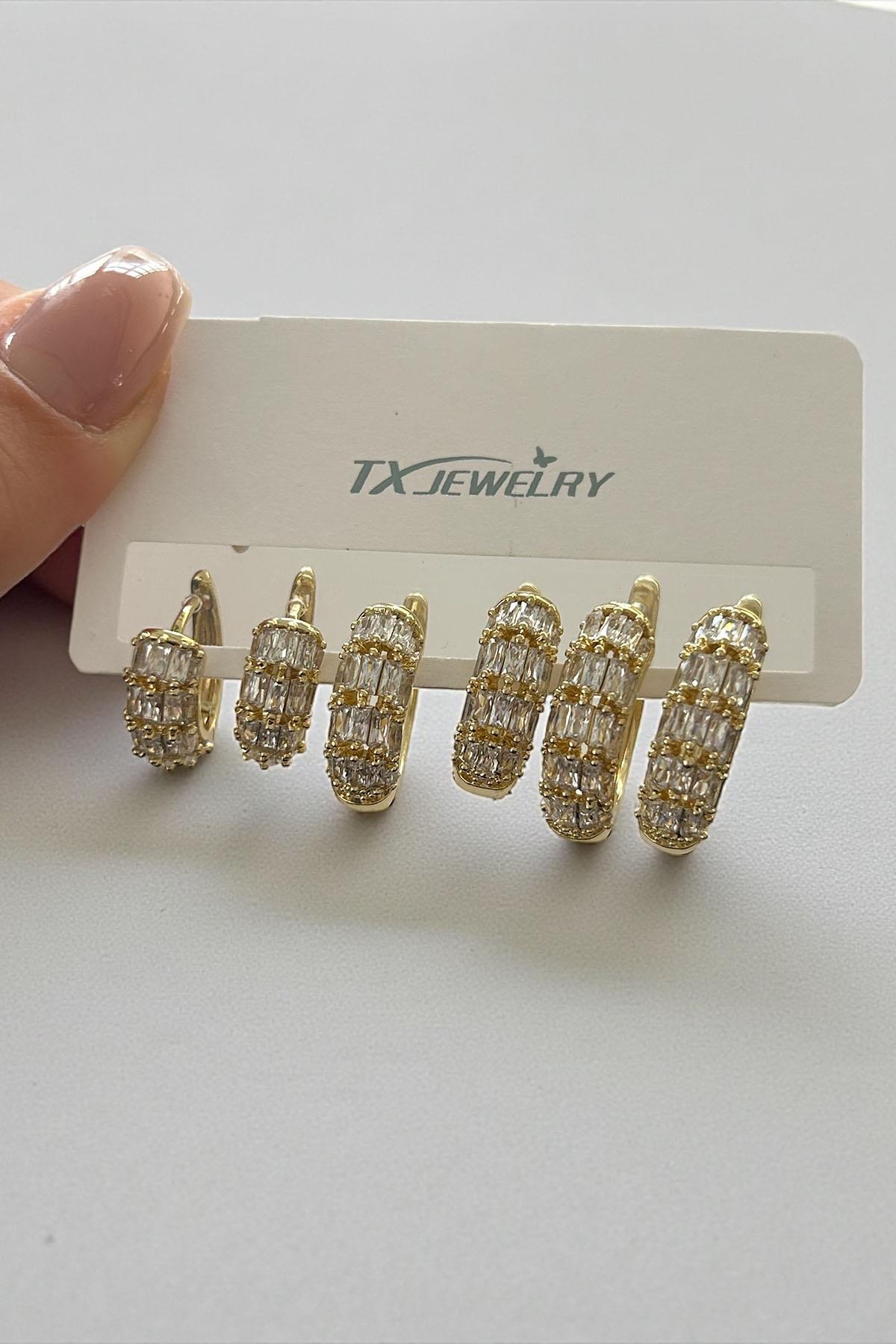 Altın Renk Taş Detaylı 14K Altın Kaplama TX 6'lı Halka Küpe Set