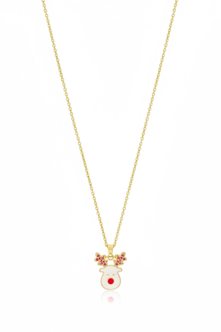 Altın Renk Geyik Figürlü Çelik Yılbaşı Kolyesi