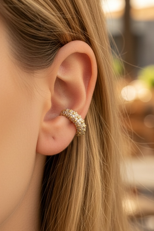 Altın Renk Taş Detaylı 14K Altın Kaplama TX Ear Cuff (Tek)