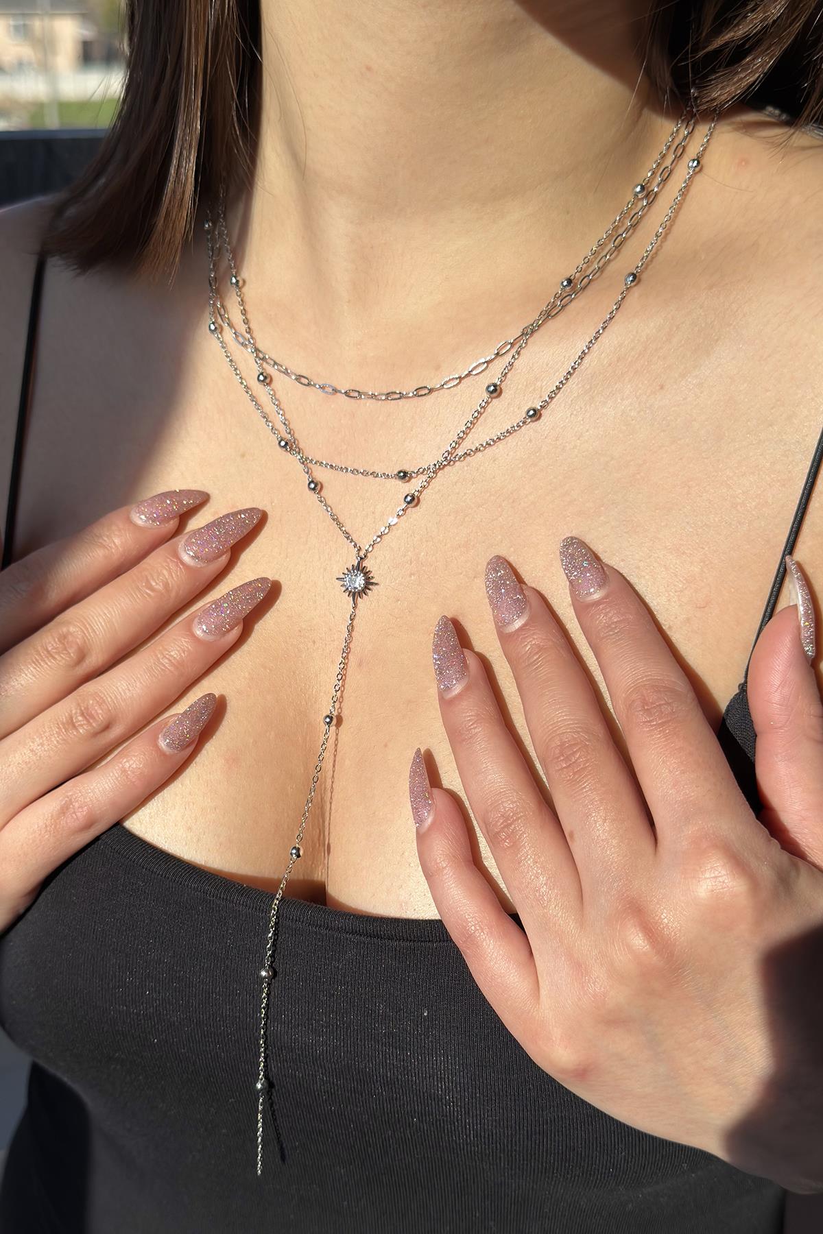 Gümüş Renk Taş Detaylı 14K Altın Kaplama VİP Y Kolye