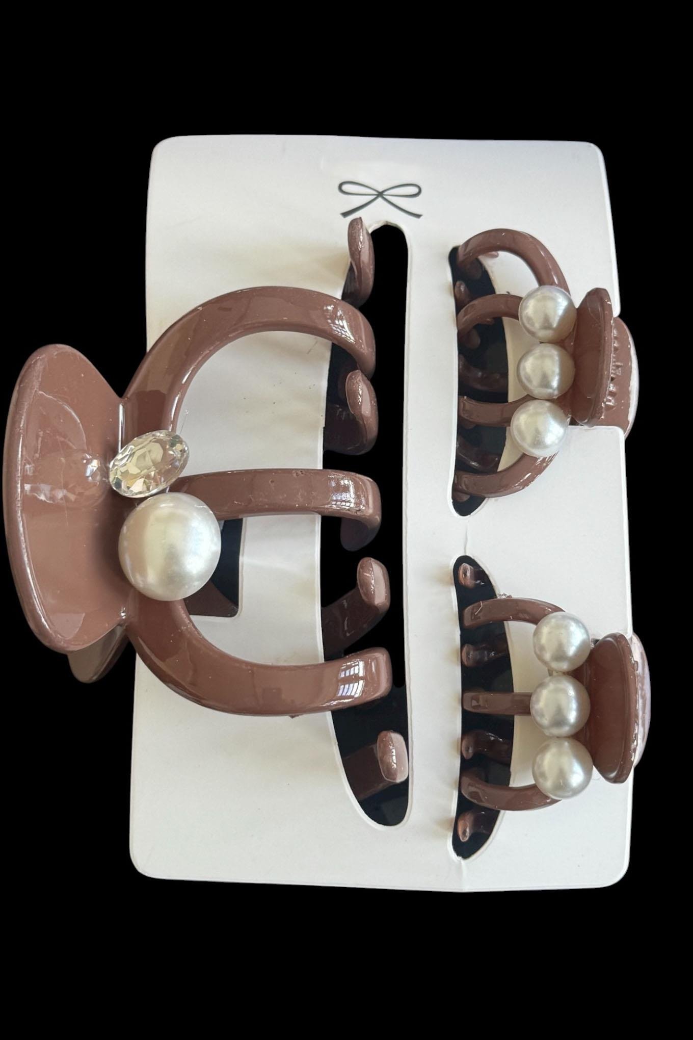 Kahve Renk İnci Detaylı 3'lü Kemik Mandal Toka Set