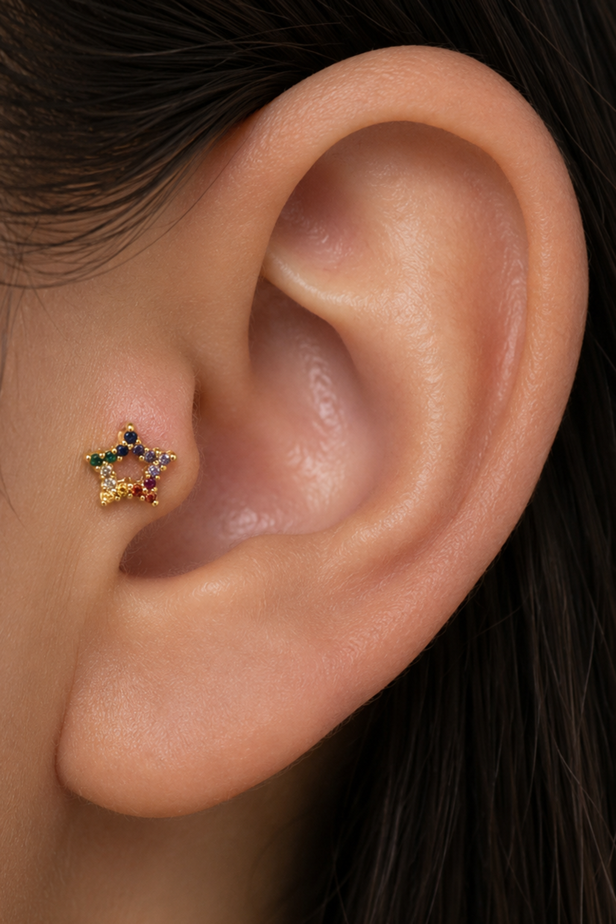 Altın  Renk Yıldız Figürlü   Taşlı Cerrahi Çelik Tragus/Kıkırdak Küpe/Piercing (Tek)