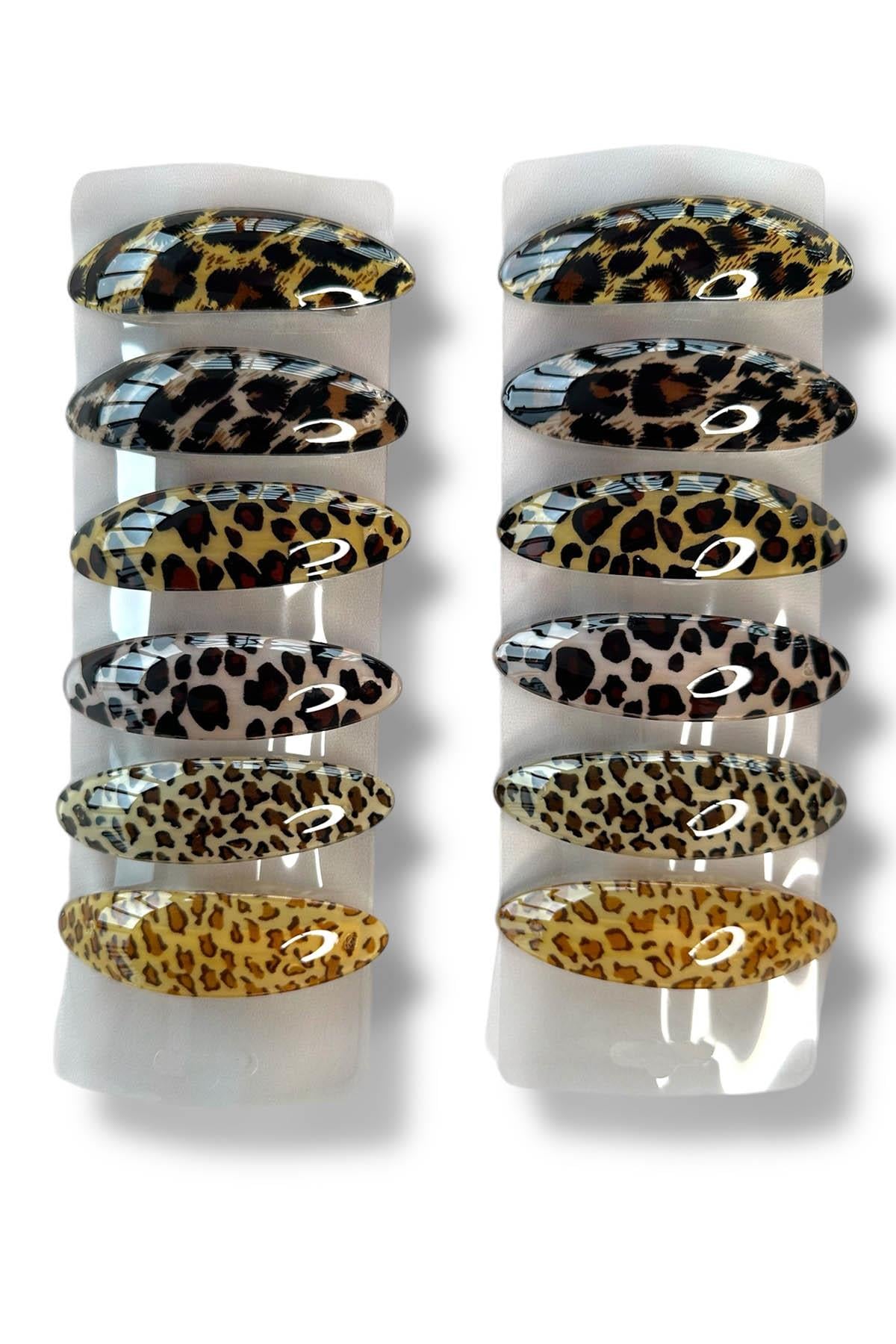 12'li Karışık Renk Leopar Desenli Otomat Toka Set