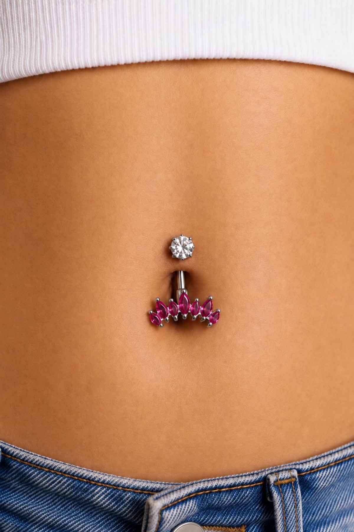 Gümüş Renk Taşlı Cerrahi Çelik Göbek Piercing