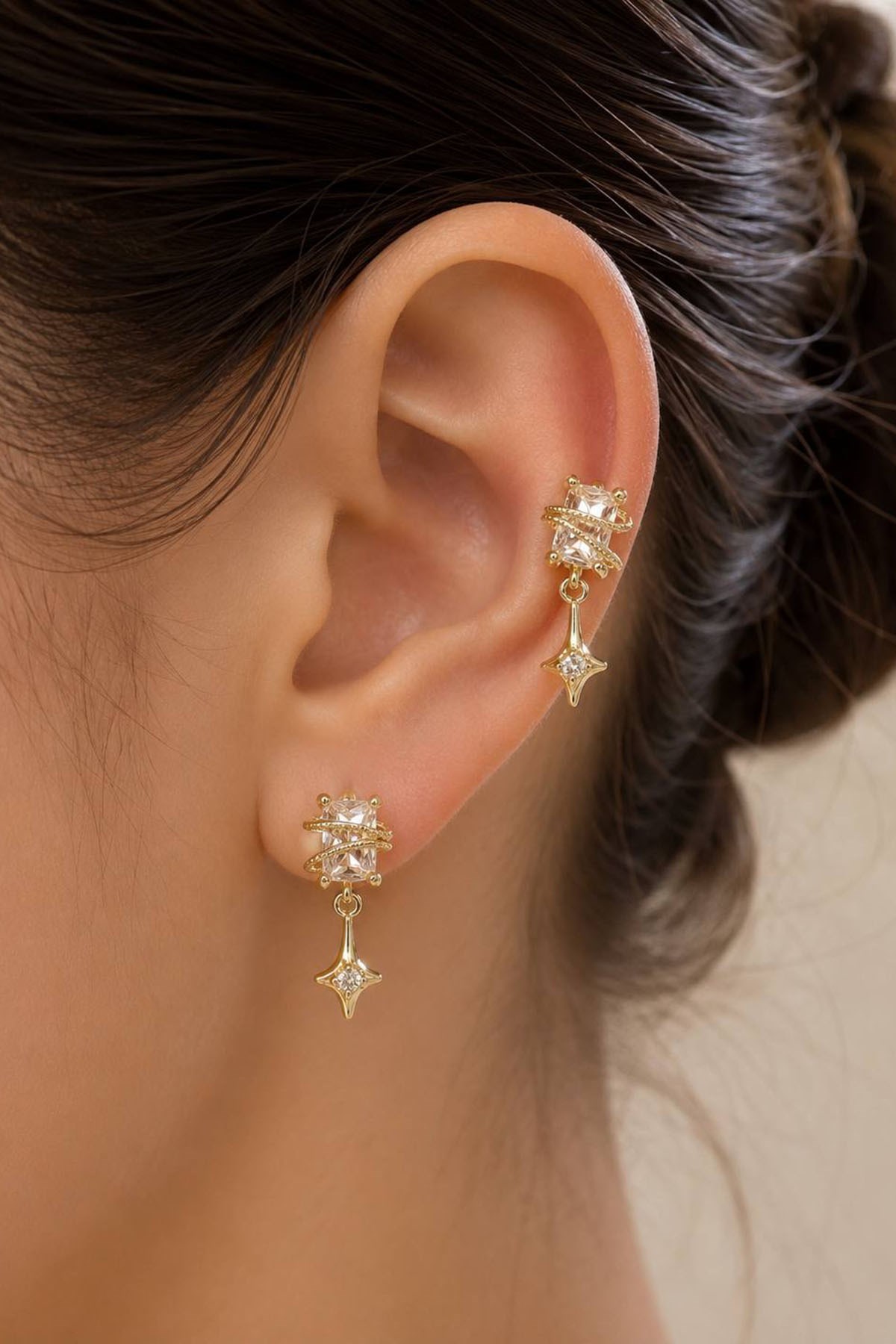 2'li Altın Renk Taş Detaylı Tx Tragus/Kıkırdak Küpe/Piercing 