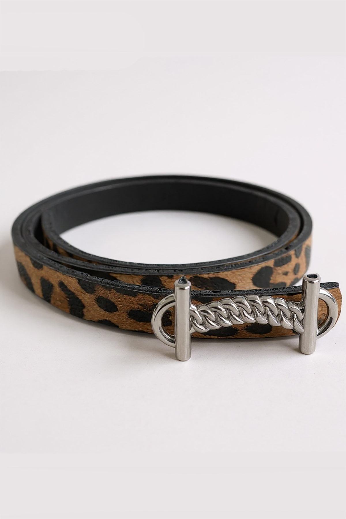 Gümüş Renk Leopar Desenli Kadın Deri Kemer