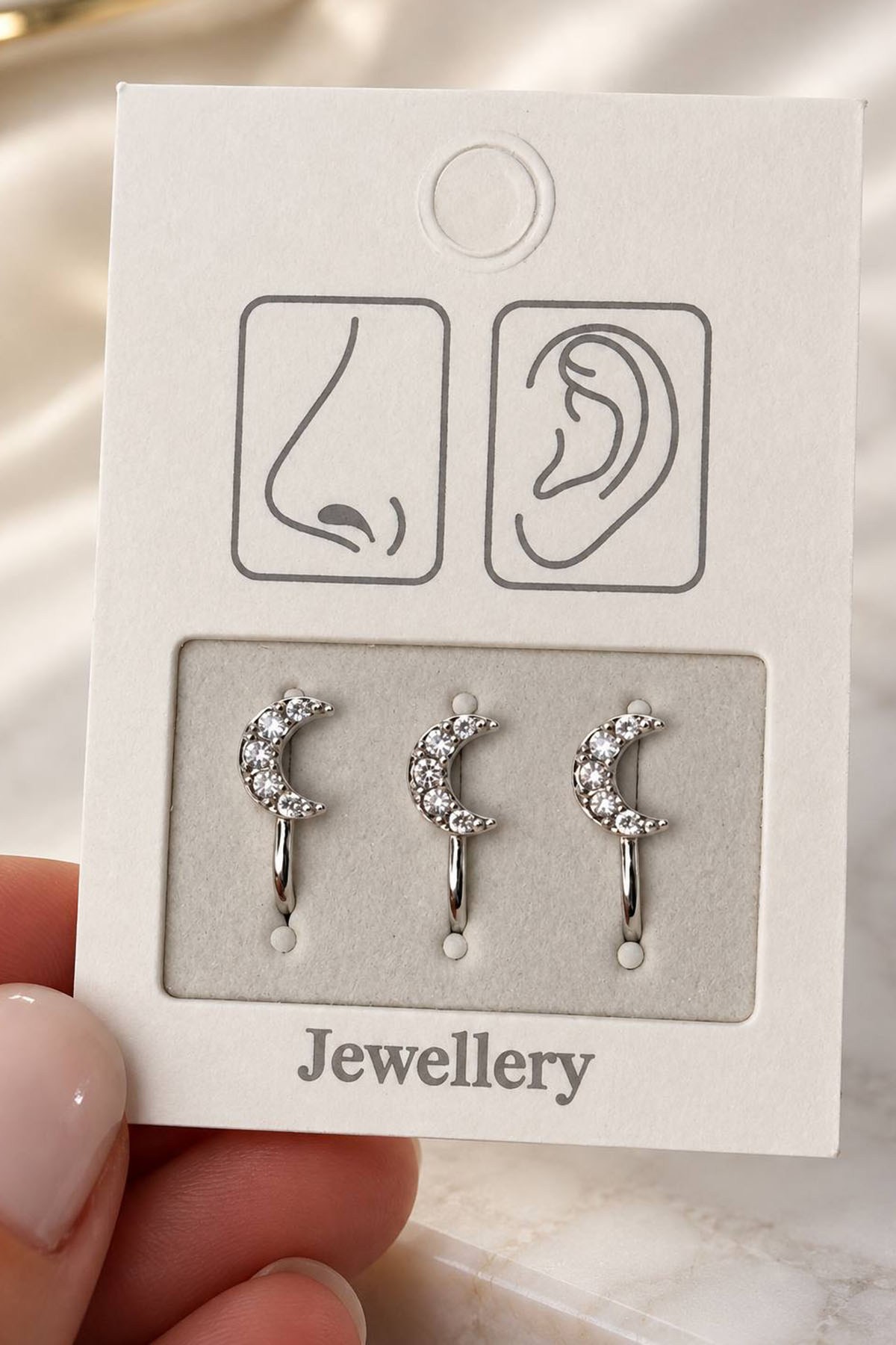 Gümüş Renk Ay Figürlü Deliksiz Kulak/Burun 3'lü Piercing Set