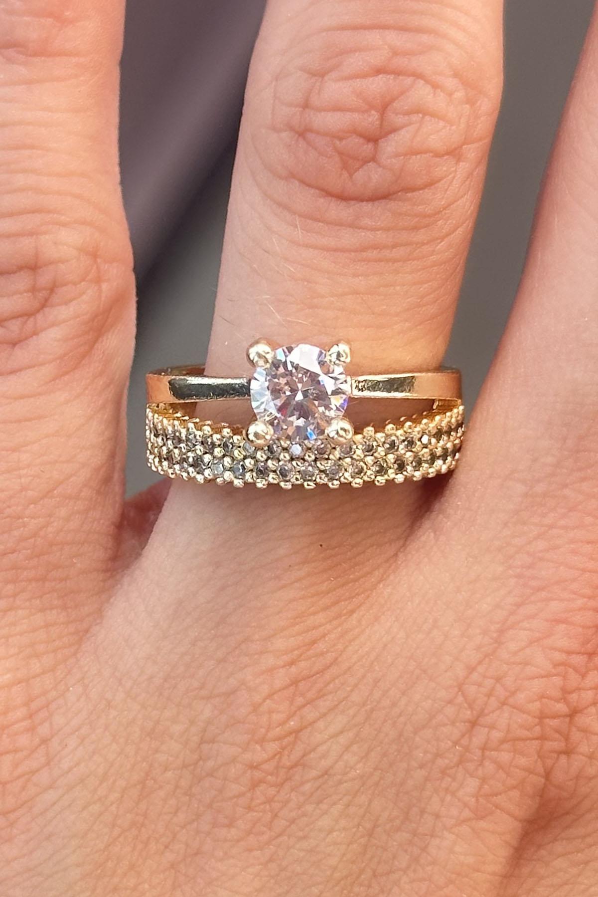 Altın Renk Taş Detaylı Ayarlanabilir Yüzük