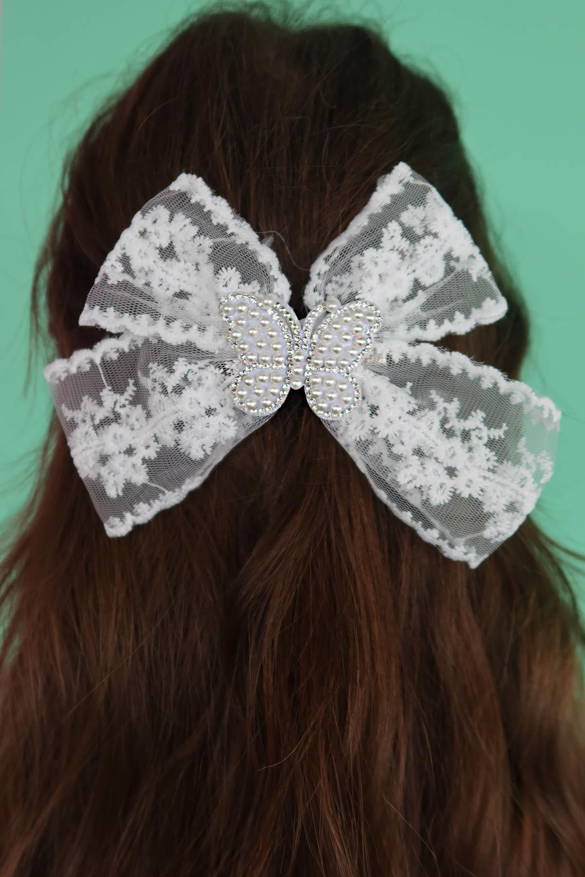 Beyaz Renk Kelebek Figürlü Dantel Kurdele Pens Toka