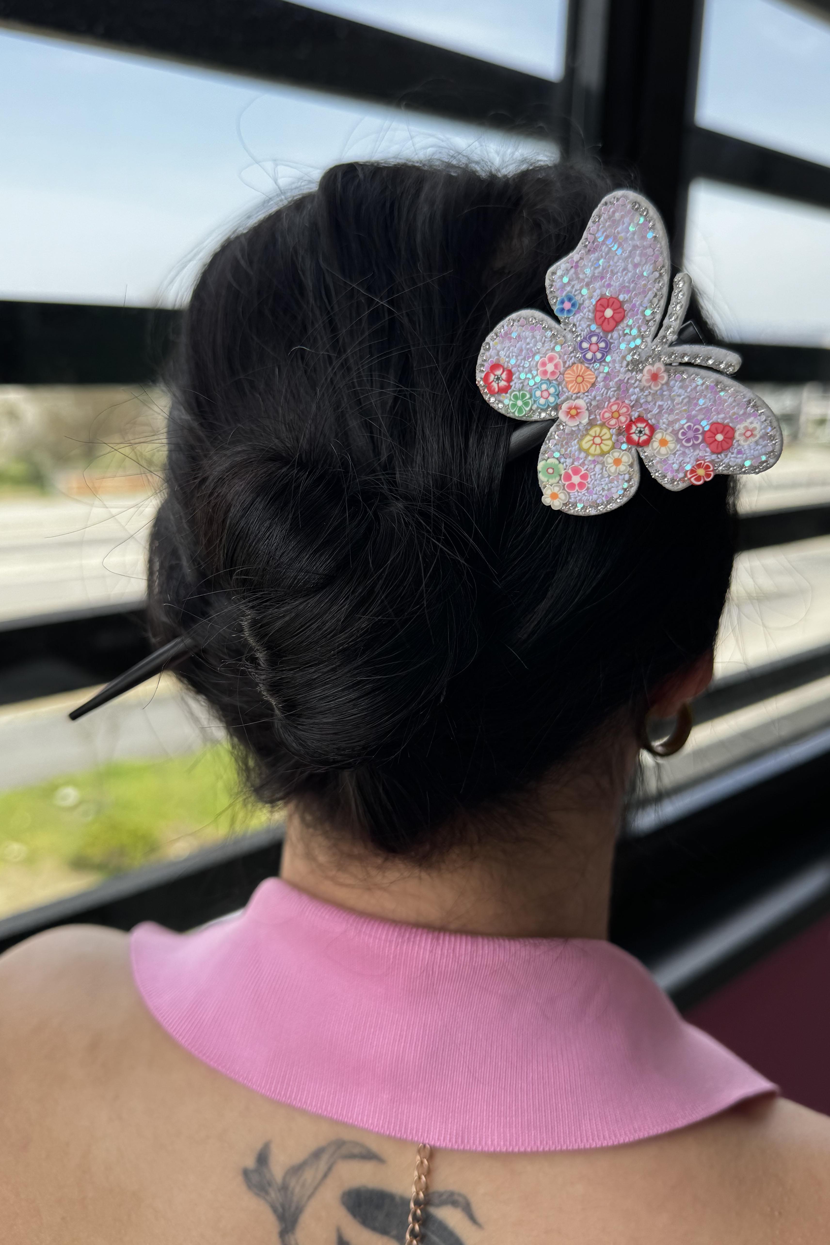 Beyaz Renk Kelebek Figürlü Topuz Tokası/Topuz Kalemi