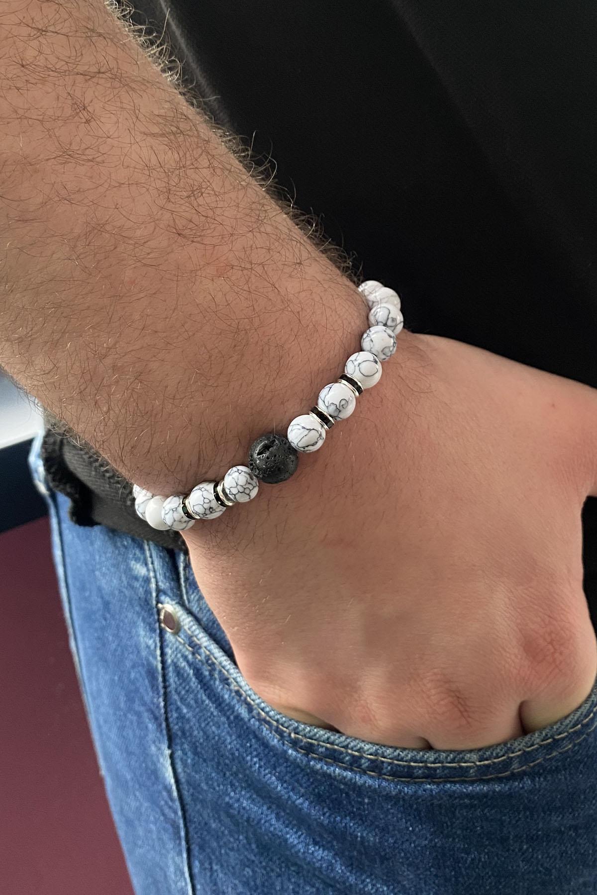 Beyaz Renk Mermer Desenli Erkek Bileklik