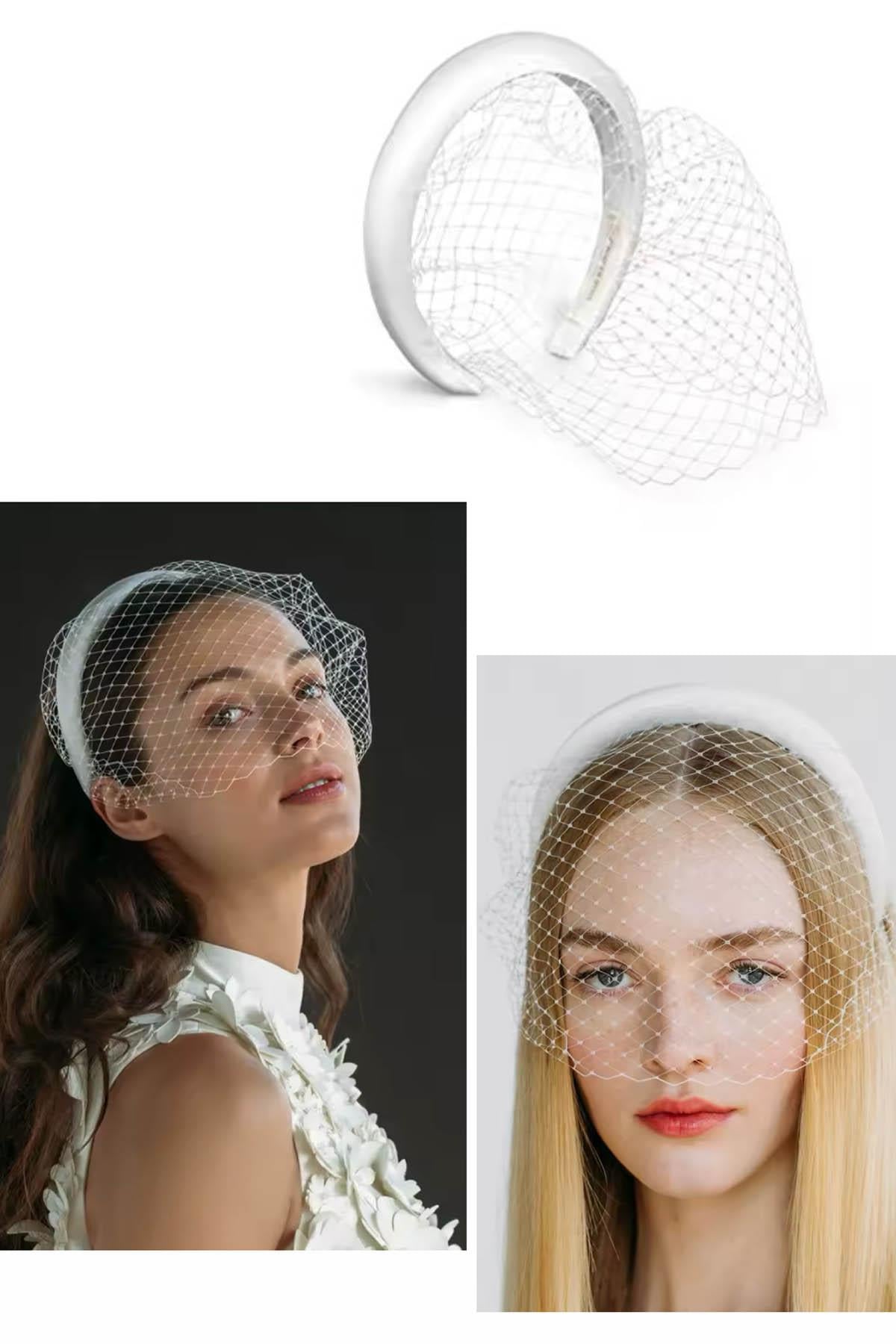 Beyaz Renk Tül Detaylı Saç Aksesuarı/ Nikah Düğün Gelin Taç