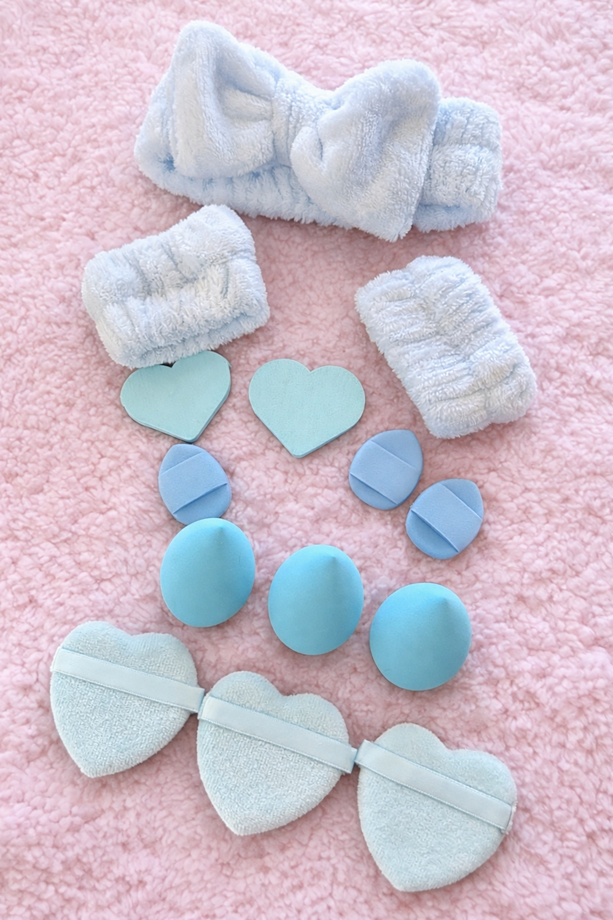 Mavi Renk Kurdele Figürlü Su Emici Havlu Bileklik/Saç Bandı/Makyaj Süngeri Set