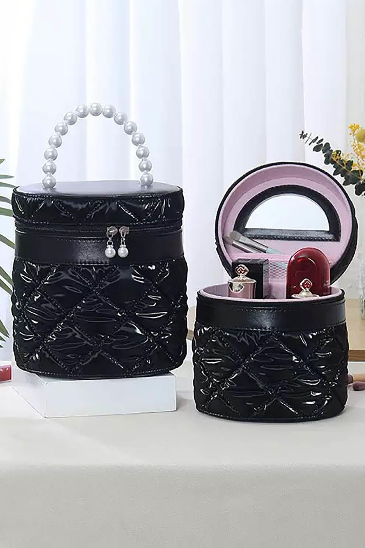 Siyah Renk İnci Detaylı Makyaj Ve Kişisel Bakım Çantası 