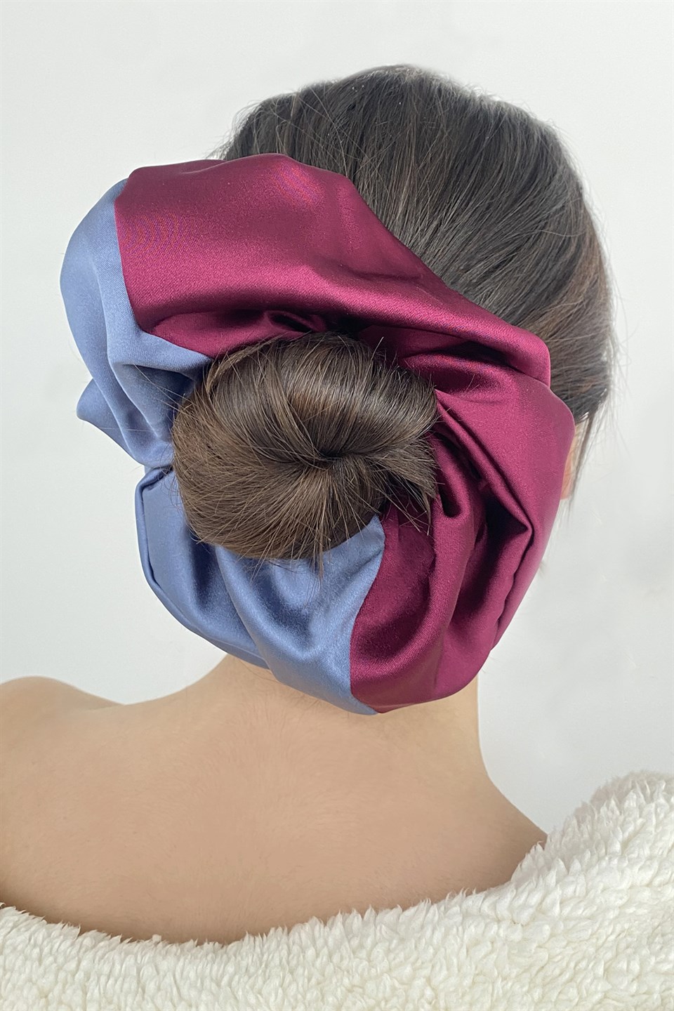 Bordo Ve Mavi Renk Büyük Boy Scrunchies Lastik Toka