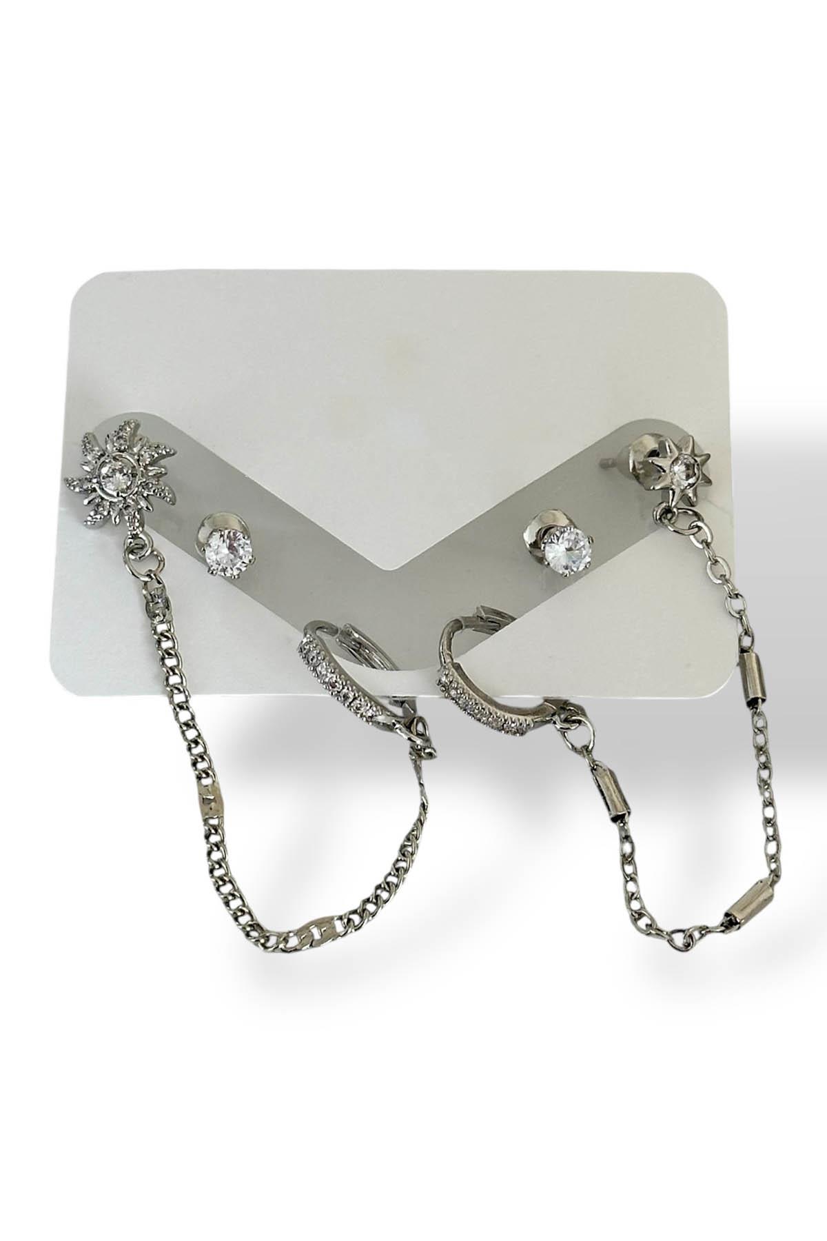 Gümüş Renk Taş Detaylı 6'lı Küpe Set