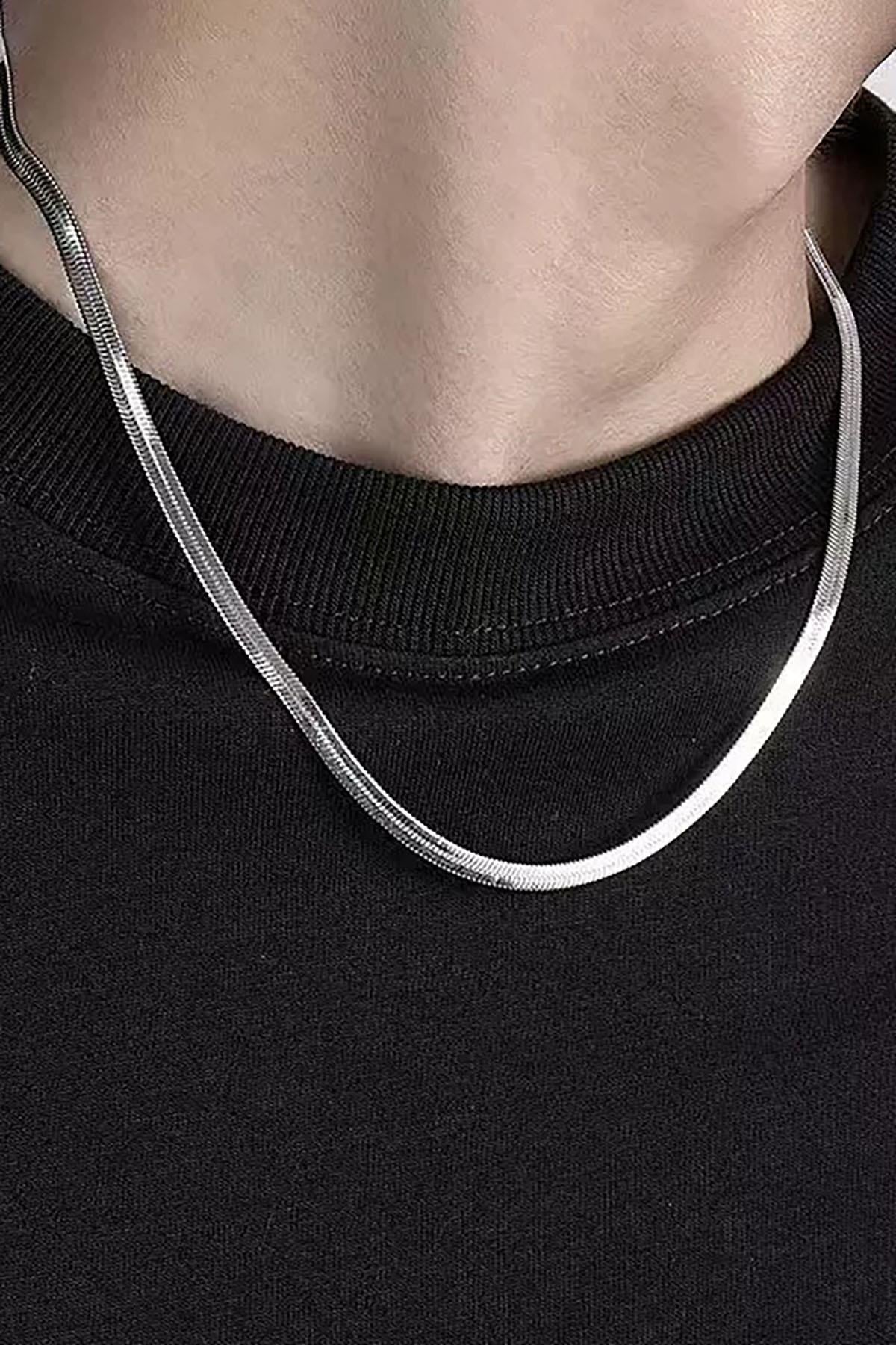 Gümüş Renk İtalyan Zincir Detaylı Unisex Çelik Kolye