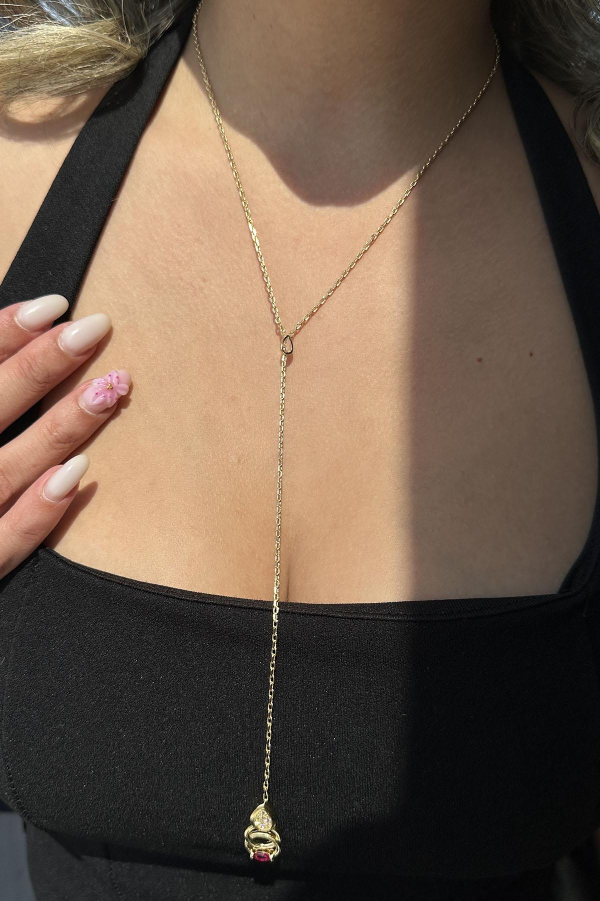 Altın Renk Taş Detaylı Y Kolye