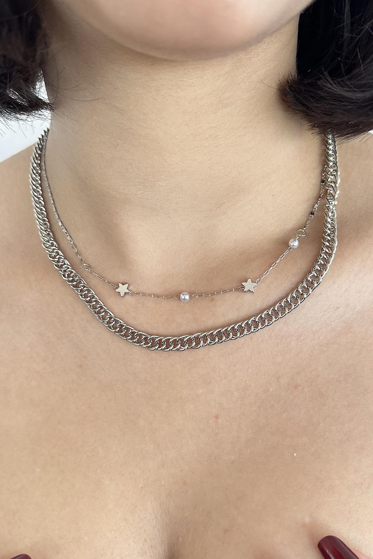 Gümüş Renk Yıldız Figürlü İnci Detaylı İkili Kolye