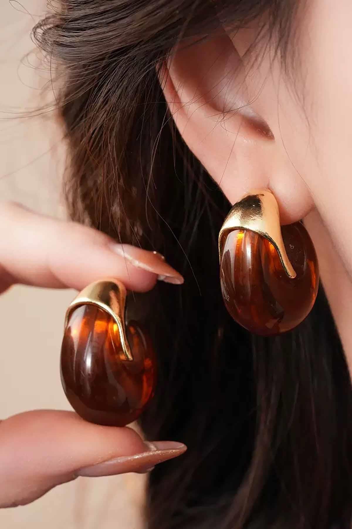 Kahve Renk 14K Altın Kaplama   Küpe (Çift)