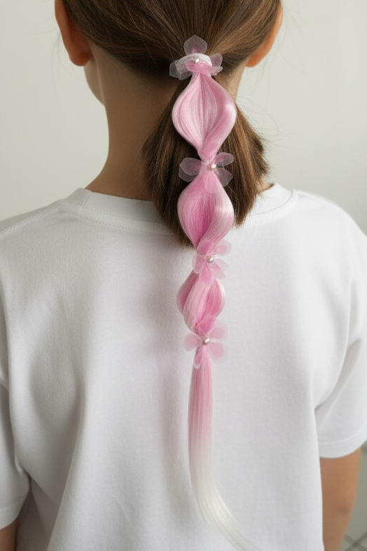 Pembe Renk Çiçek Figürlü Saç Detaylı Lastik Toka