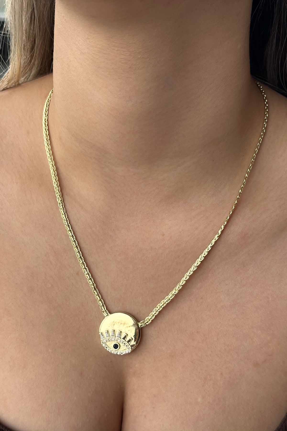 Altın Renk Göz Figürlü 14K Altın Kaplama Vip Taşlı Kolye