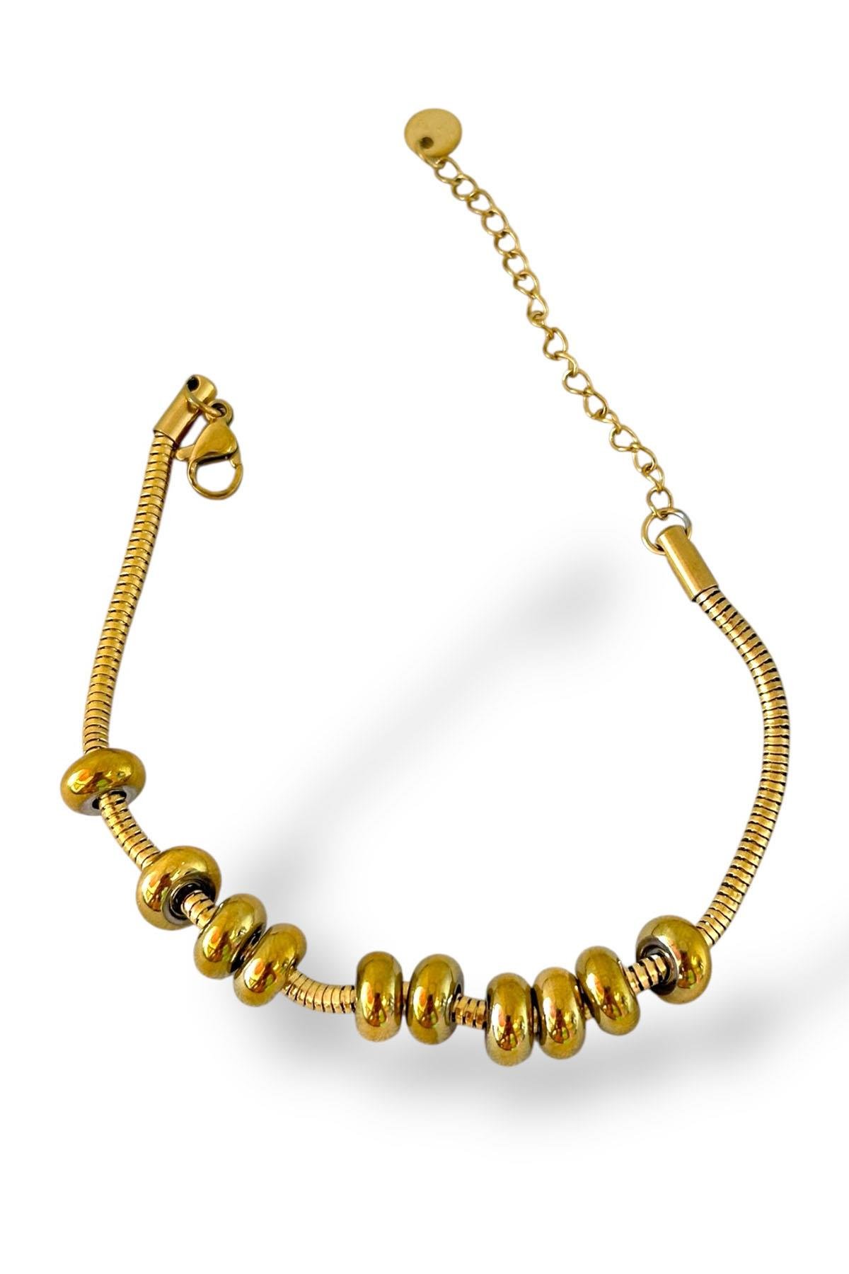 Altın Renk Boncuk Detaylı Çelik Bileklik