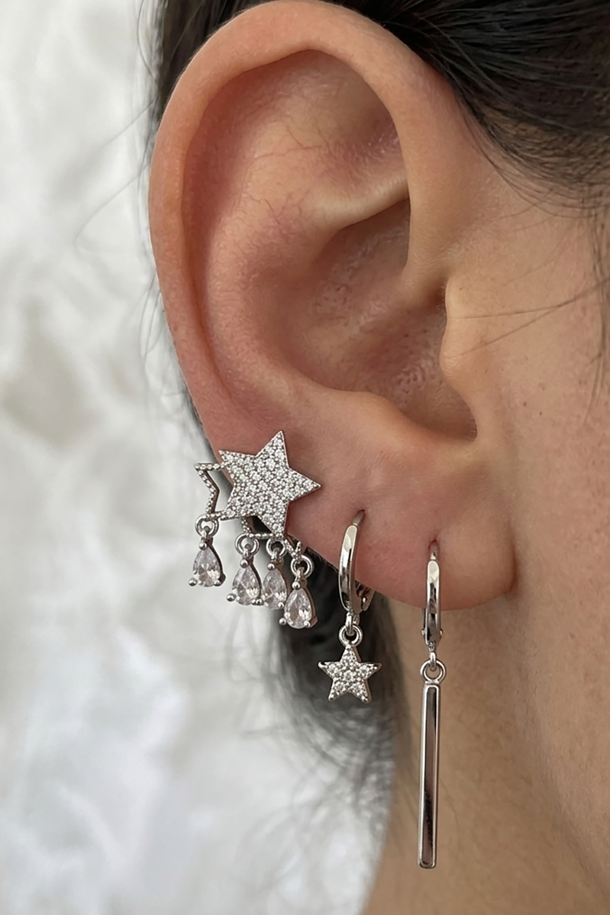 Gümüş Renk Yıldız Figürlü 3'lü YSX Küpe Set