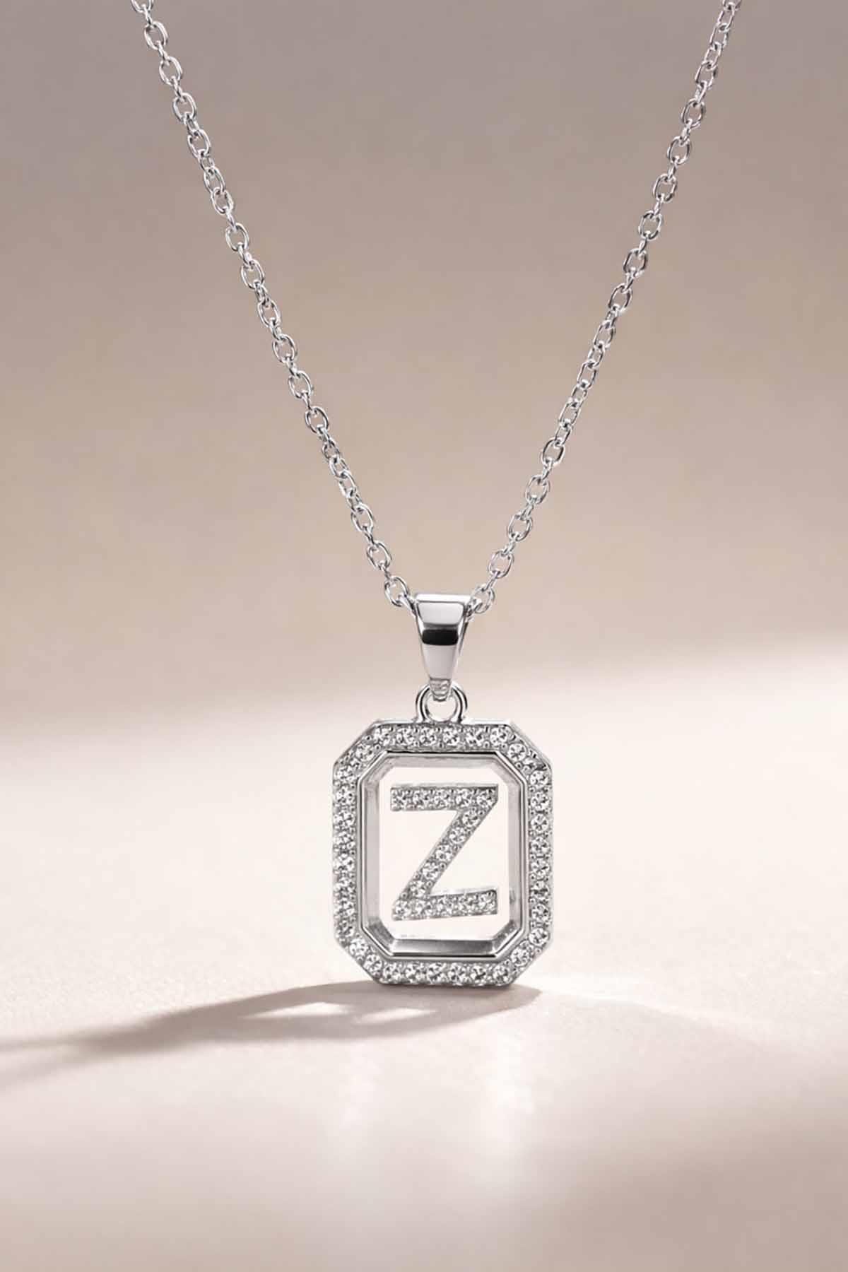 Gümüş Renk Z Harf Taş Detaylı Çelik Kolye