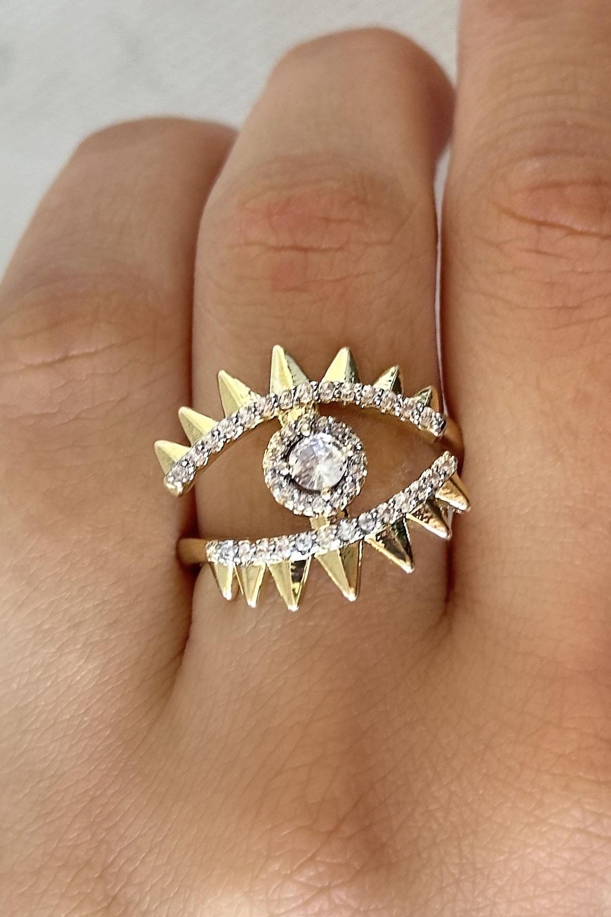 Altın Renk Göz Figürlü Taş Detaylı Ayarlanabilir Yüzük