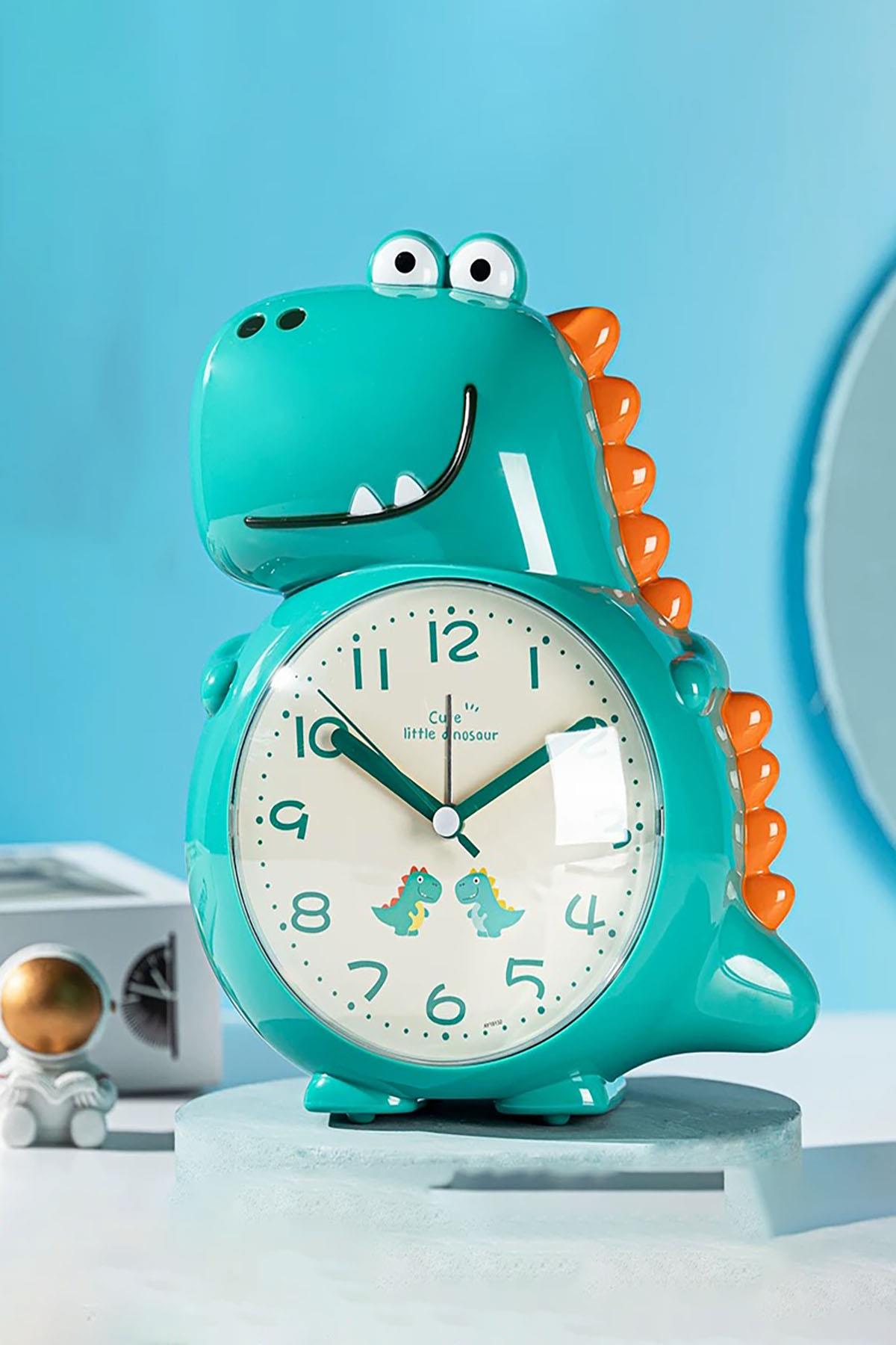 Su Yeşili Renk Dinazor Figürlü Dekoratif Alarmlı Masa Saati