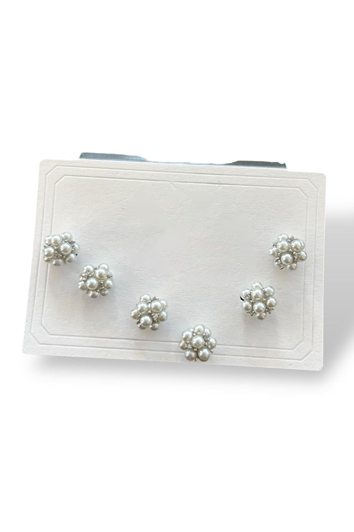 6'lı Gümüş Renk İnci Detaylı 14k Altın Kaplama Küpe Set