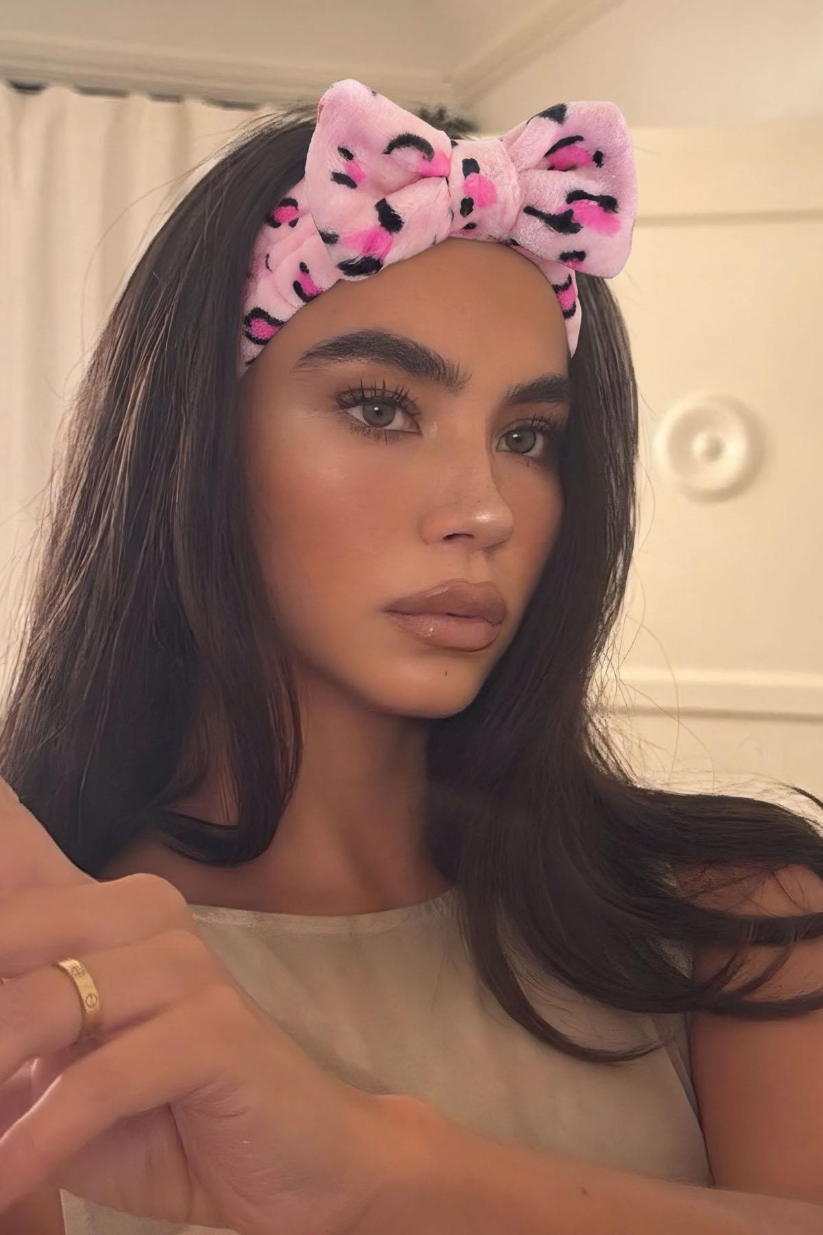 Pembe Renk Leopar Figürlü Peluş Saç Bandı