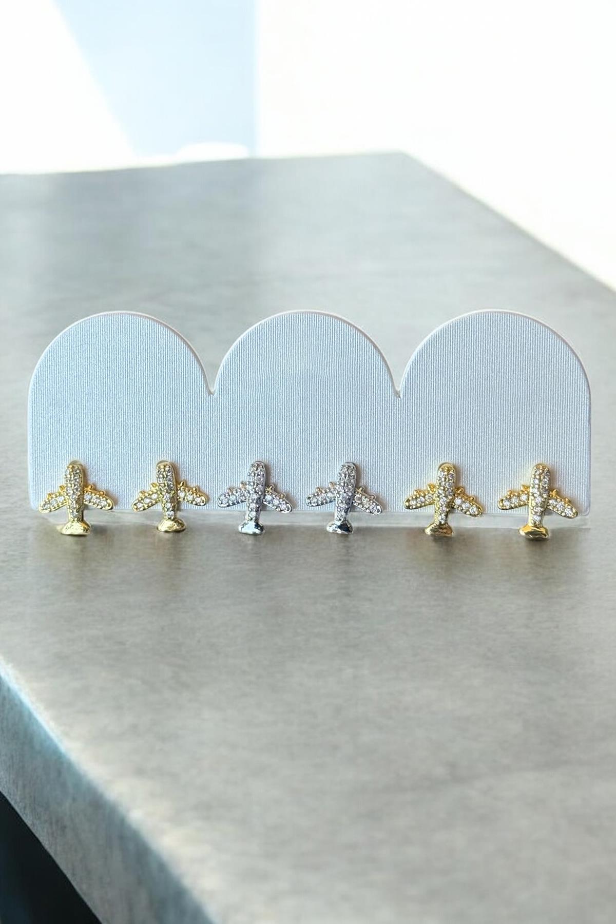 6'lı Karışık Renk Uçak Figürlü Taş Detaylı Küpe Set