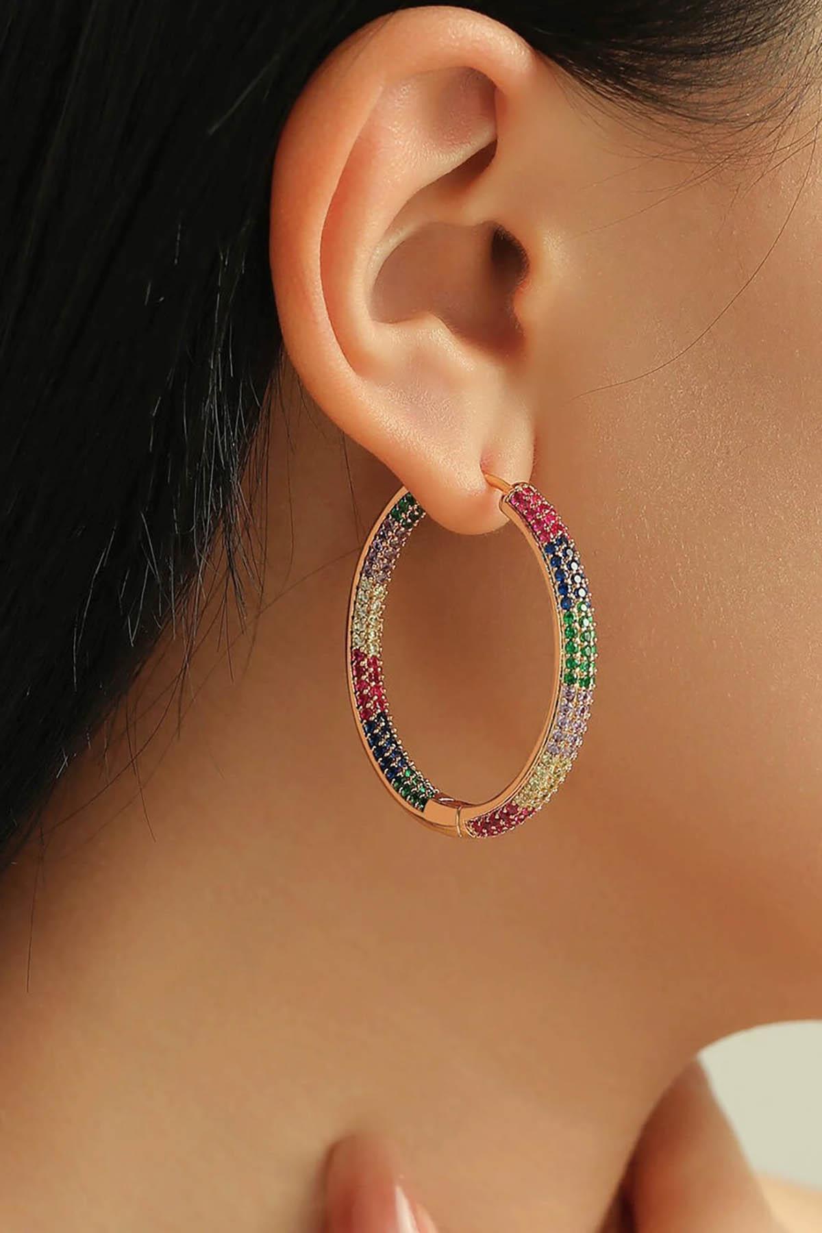 Altın Renk Taş Detaylı 14K Altın Kaplama TX Küpe (Çift)