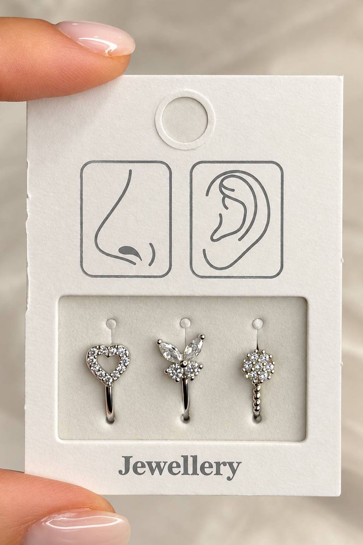 Gümüş Renk Karışık Figürlü Deliksiz Kulak/Burun 3'lü Piercing Set