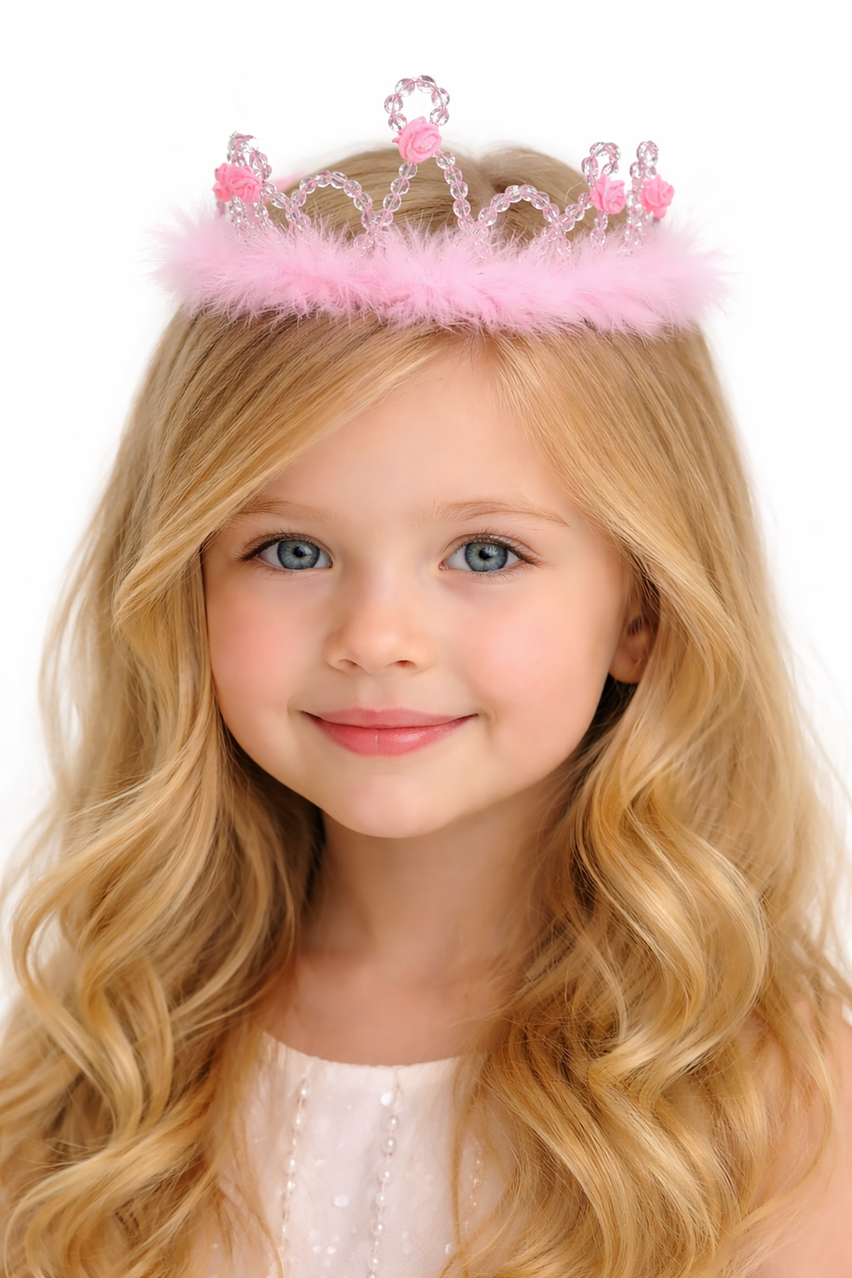 Pembe Renk Tüy Ve Boncuk Detaylı Çocuk Taç