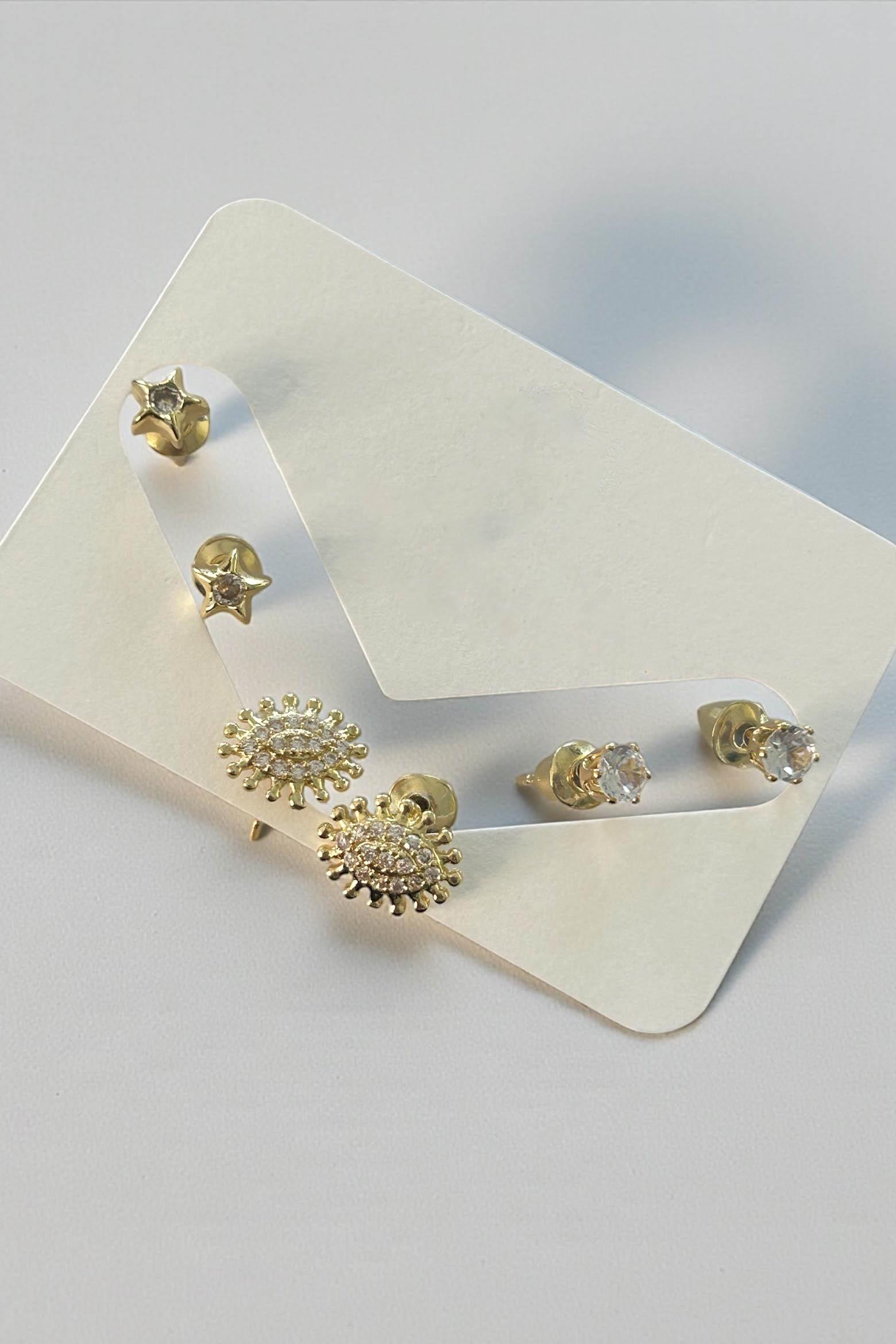 Altın Renk Taş Detaylı 6'lı Küpe Set