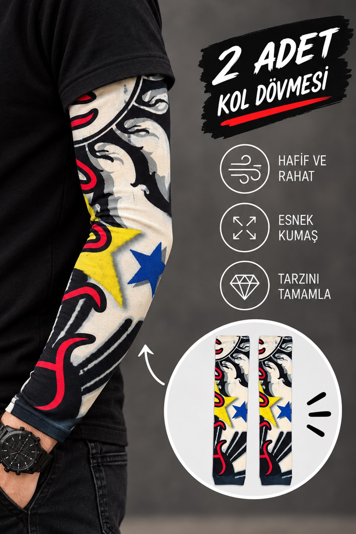Karışık Renk Ve Desenli Giyilebilir Dövme Sleve (Çift)