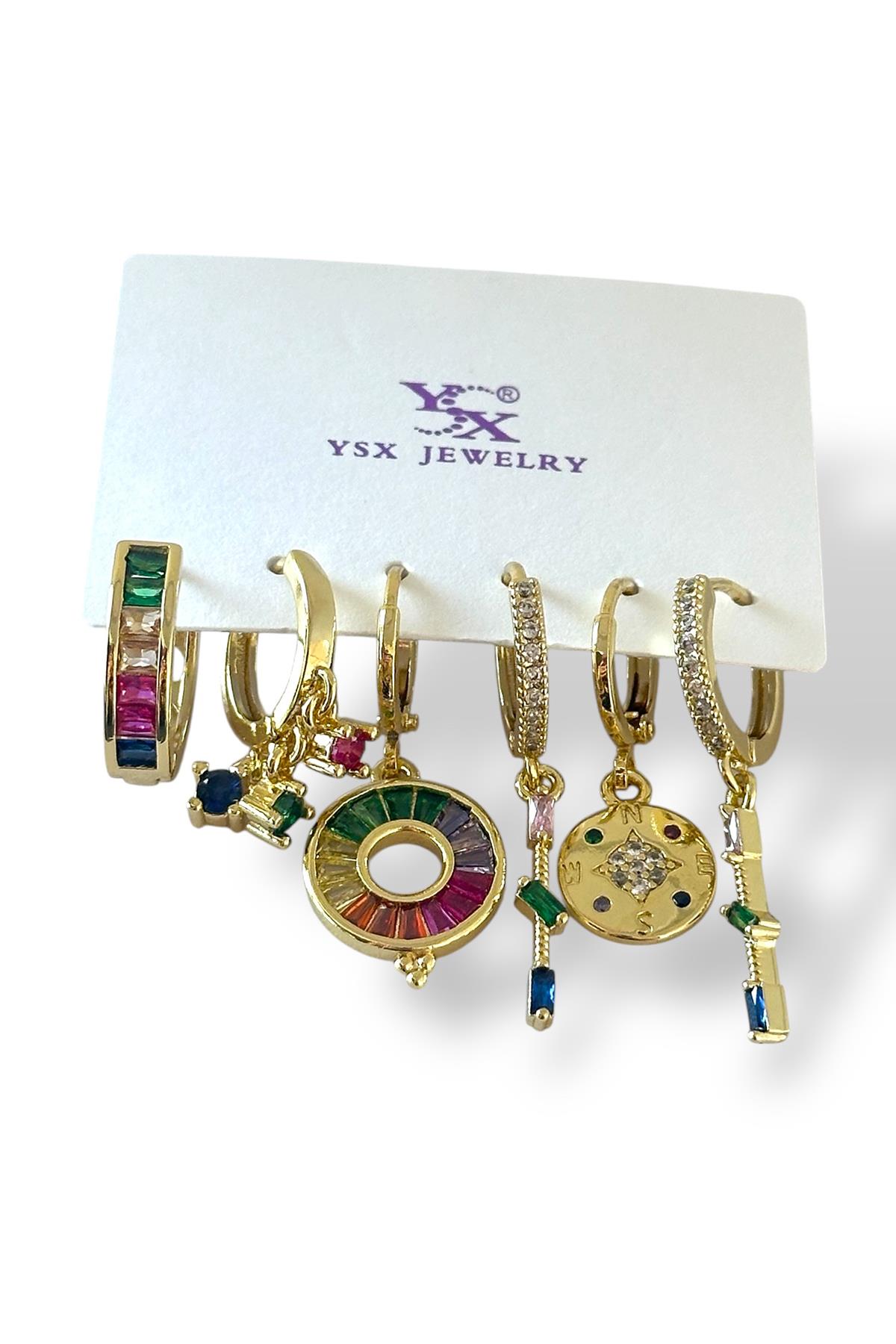 Altın Renk Karışık Figürlü Taş Detaylı 6'lı YSX Küpe Set