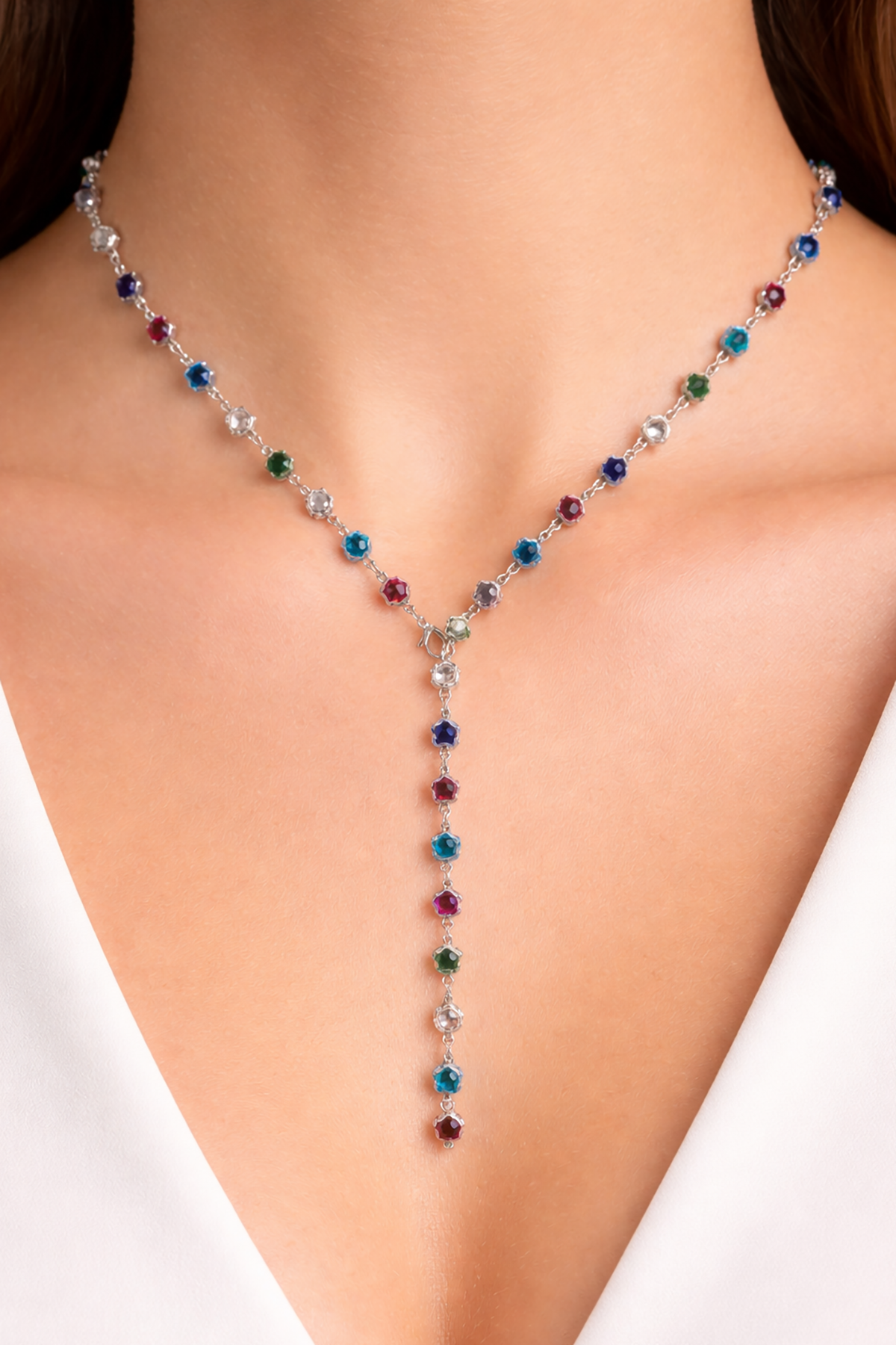 Gümüş Renk Yıldız Figürlü Taş Detaylı Çelik Y Kolye