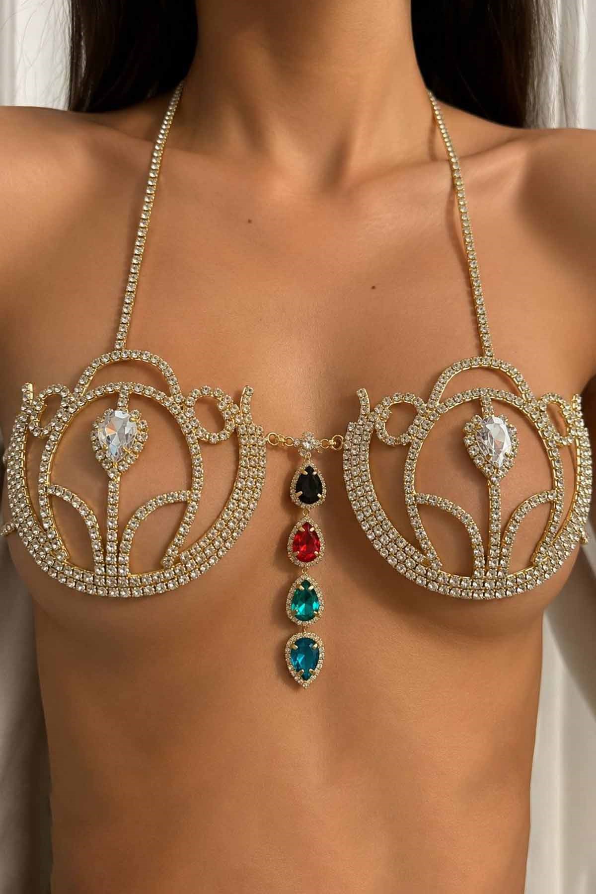Altın Renk Taş Detaylı Bikini Üstü /Bralet /Vücut Aksesuarı