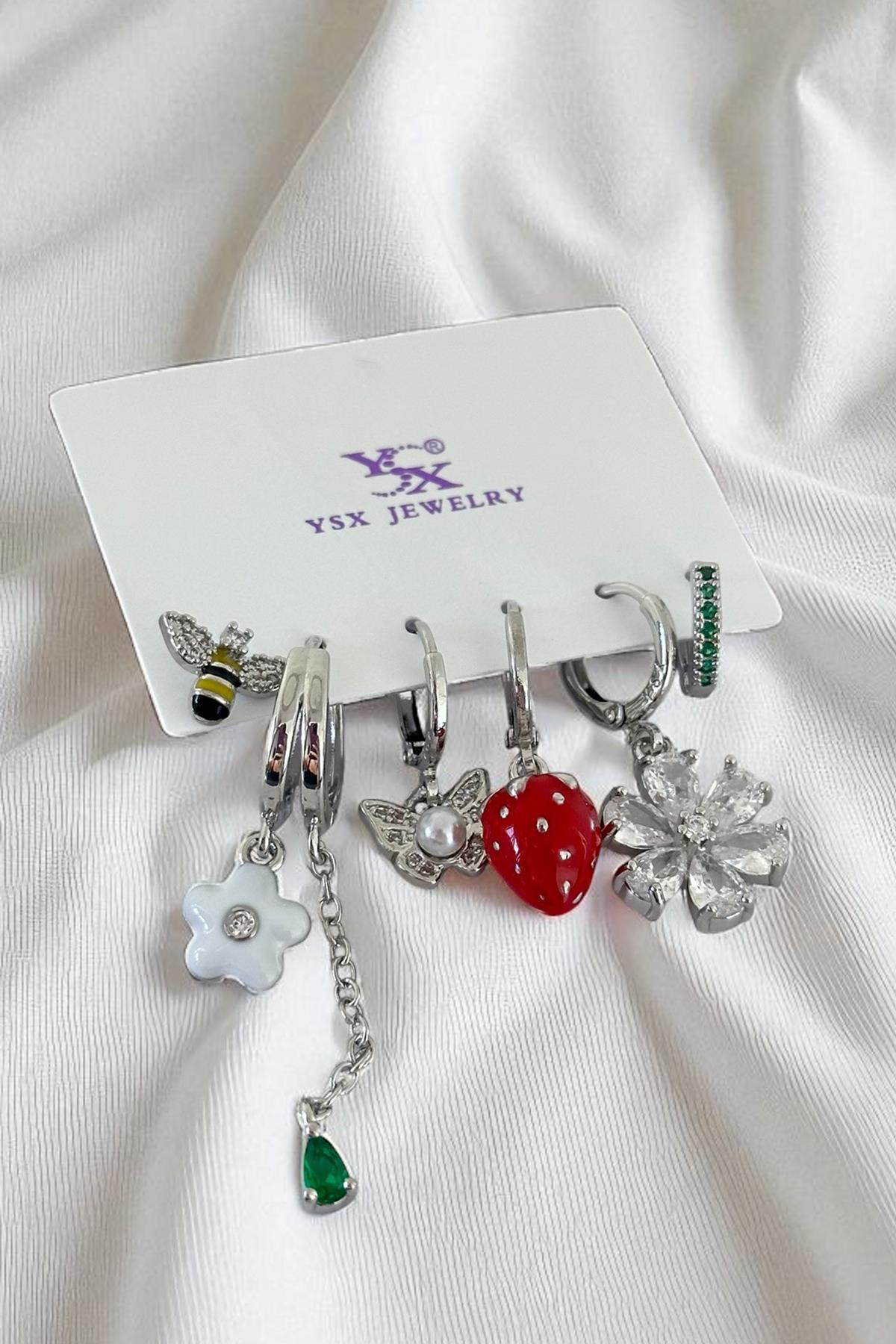 Gümüş Renk Karışık Figürlü Taş Detaylı 6'lı YSX Küpe Set