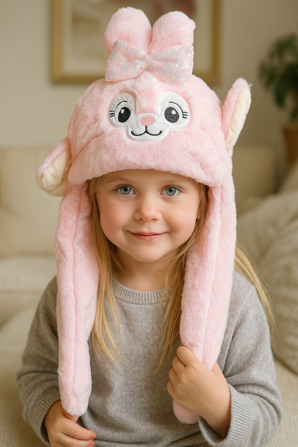 Pembe Renk Tavşan Figürlü Kulakları Oynayan Peluş Şapka